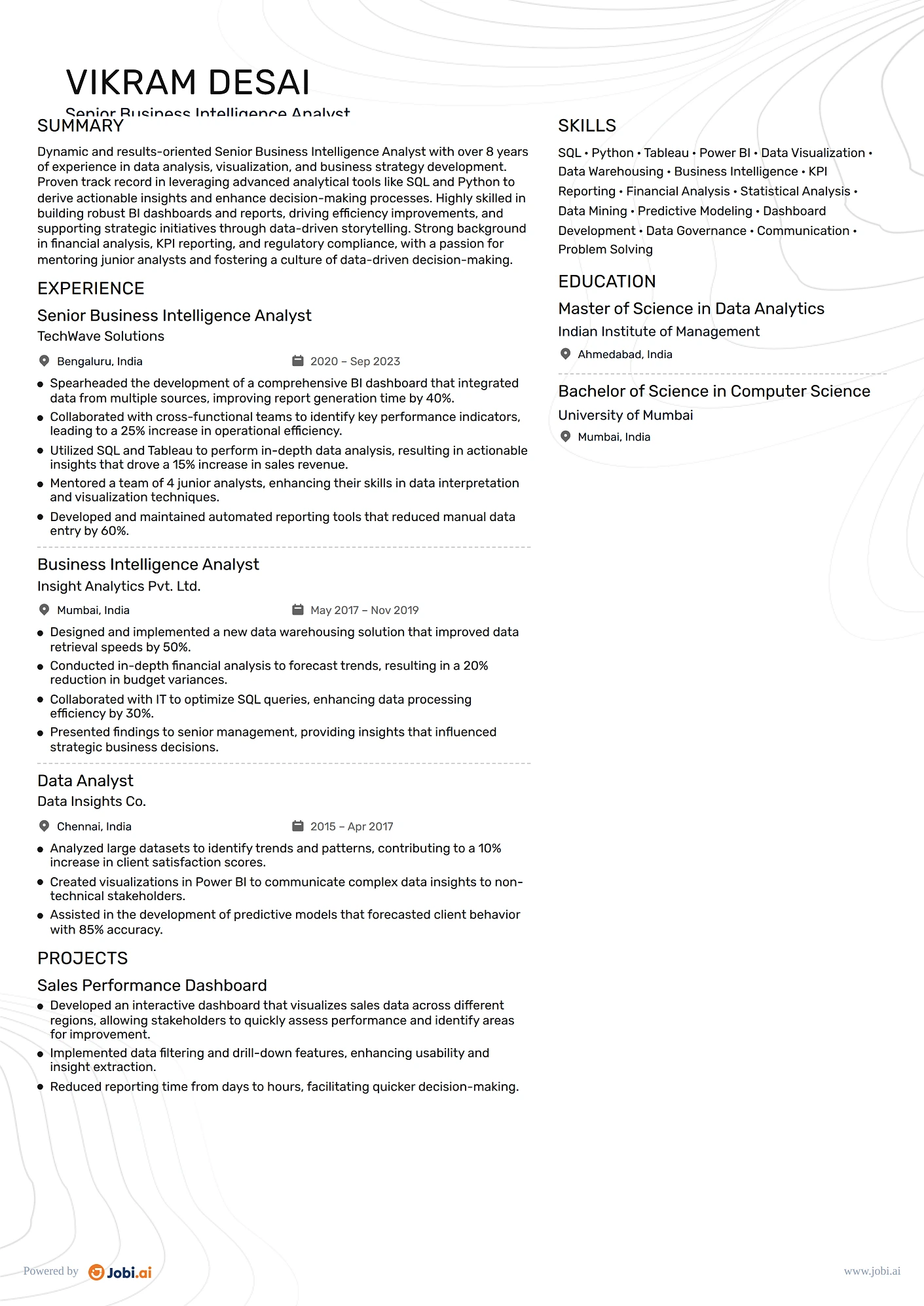 Business Intelligence Analyst resume example — Senior Business Intelligence Analyst