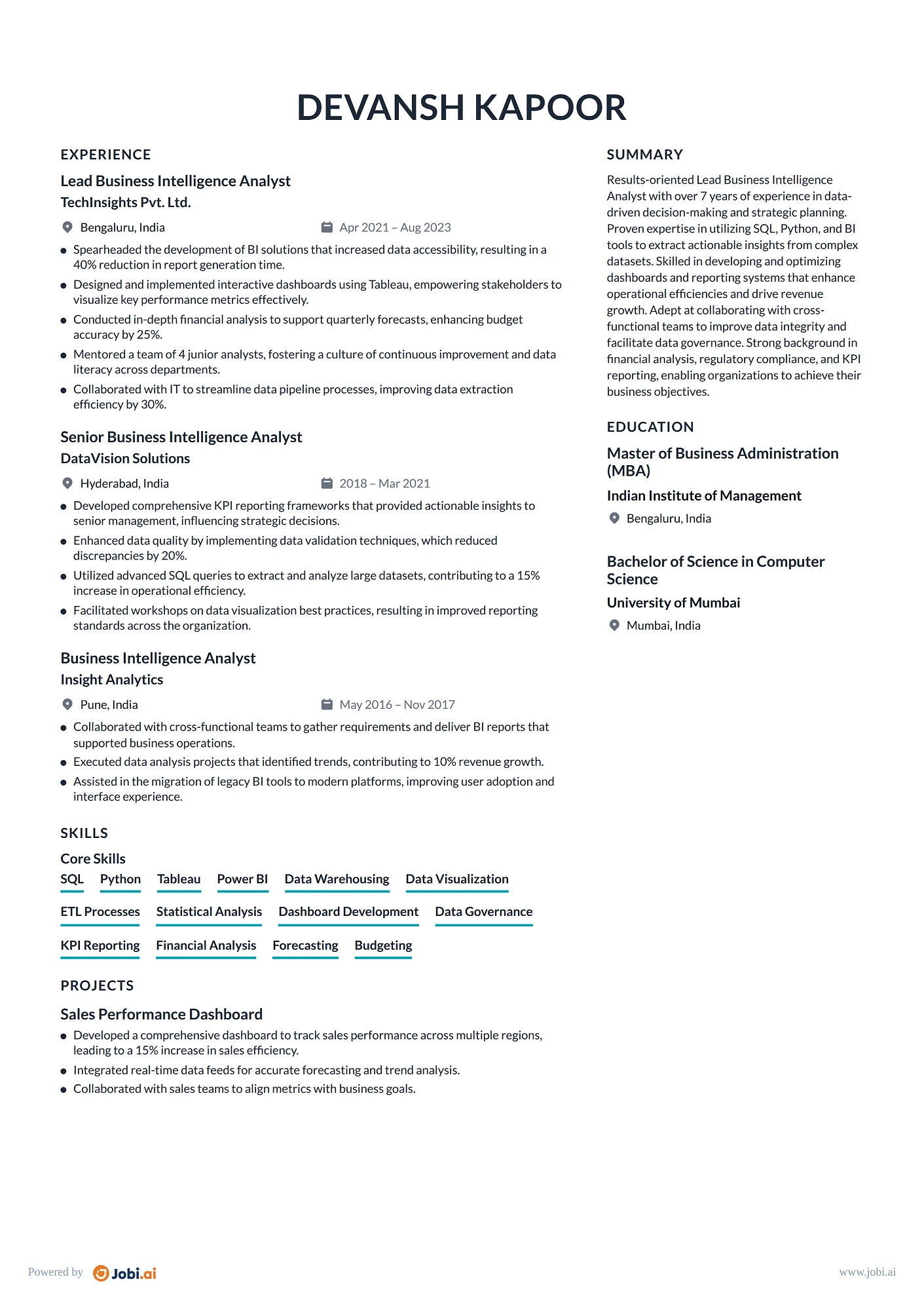 Business Intelligence Analyst resume example — Lead Business Intelligence Analyst