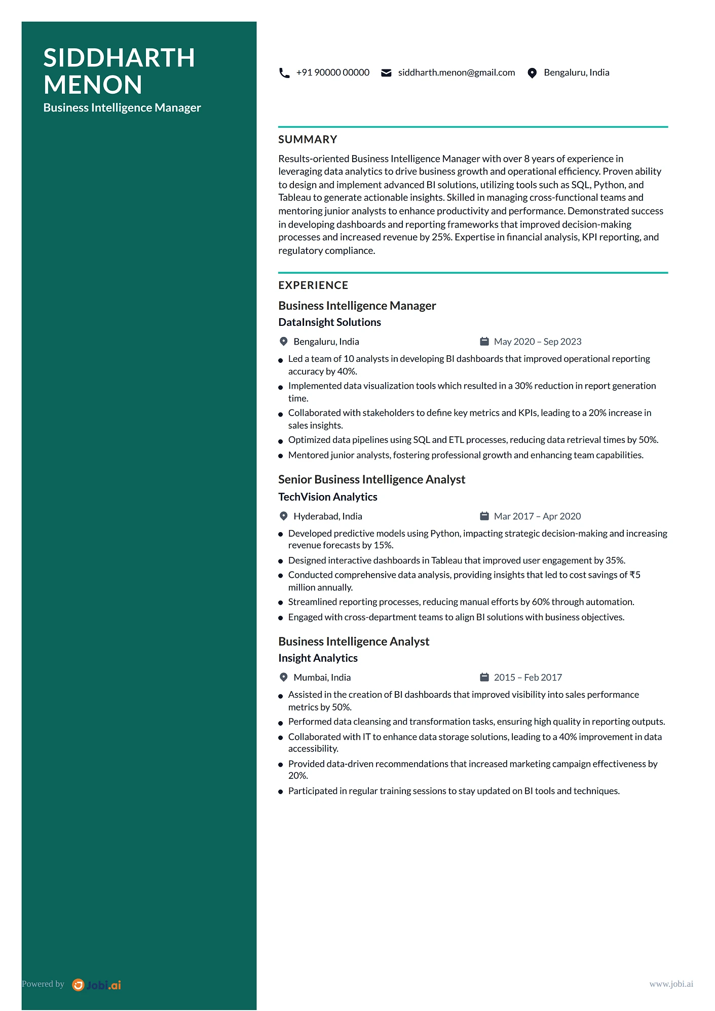 Business Intelligence Analyst resume example — Business Intelligence Manager