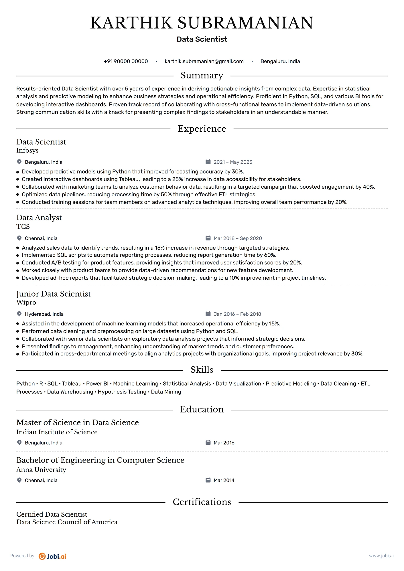 Business Intelligence Analyst resume example — Data Scientist