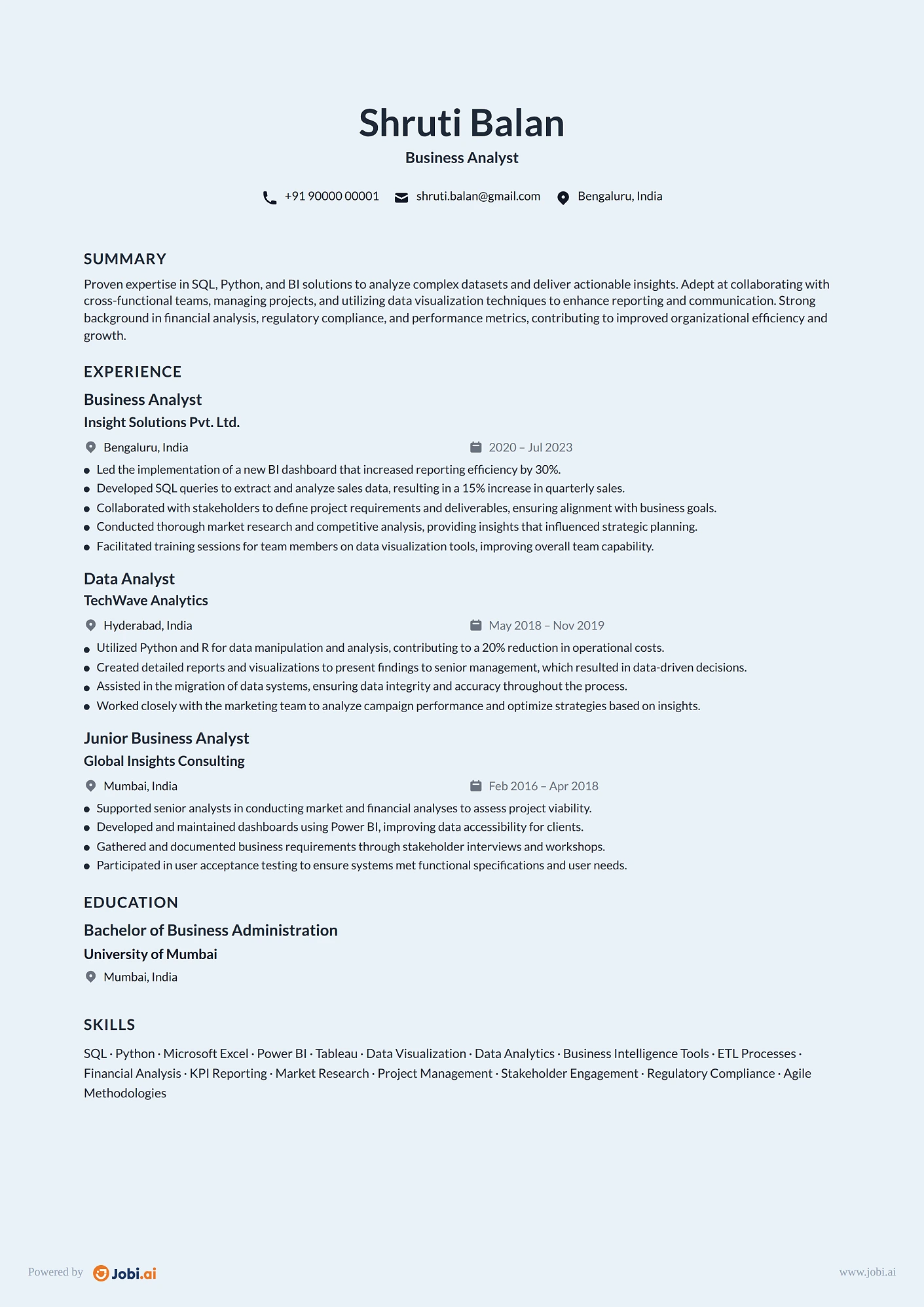 Business Intelligence Analyst resume example — Business Analyst