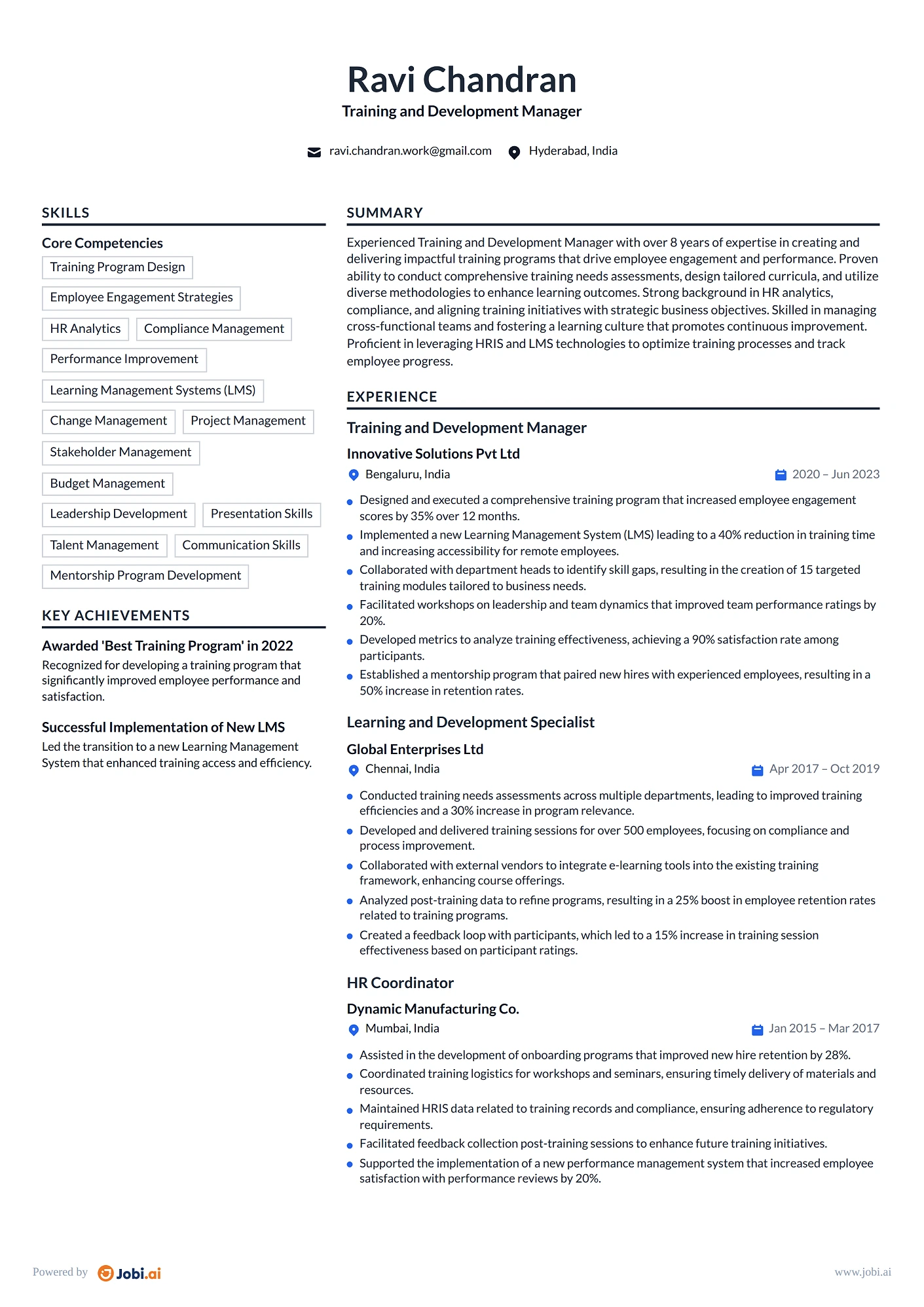 Training and Development Manager resume example