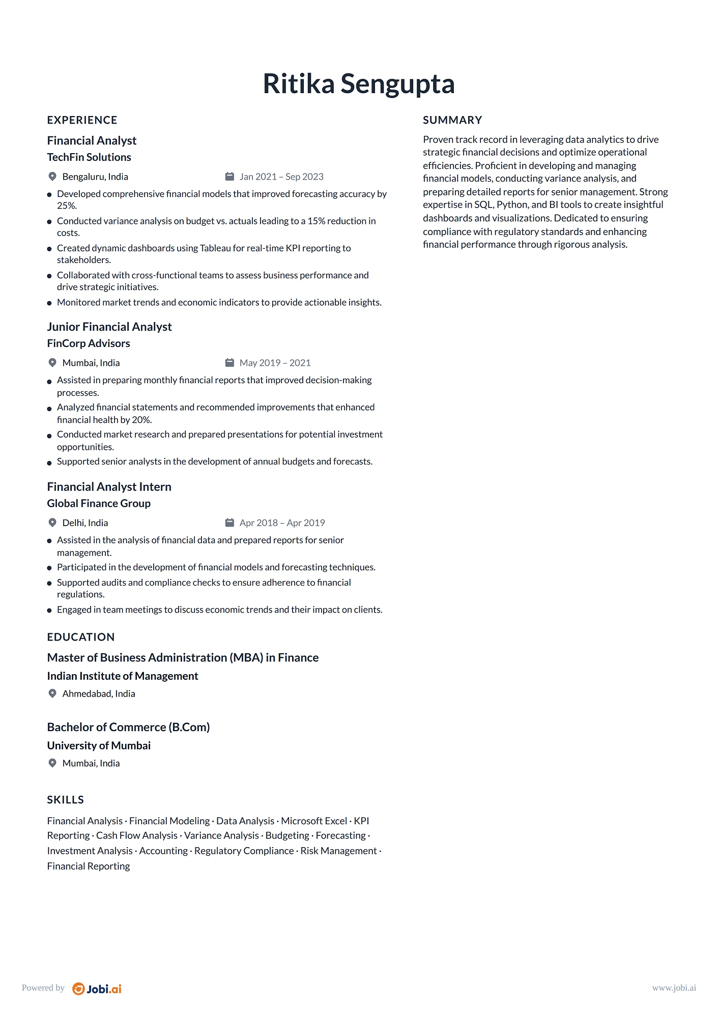 Business Intelligence Analyst resume example — Financial Analyst