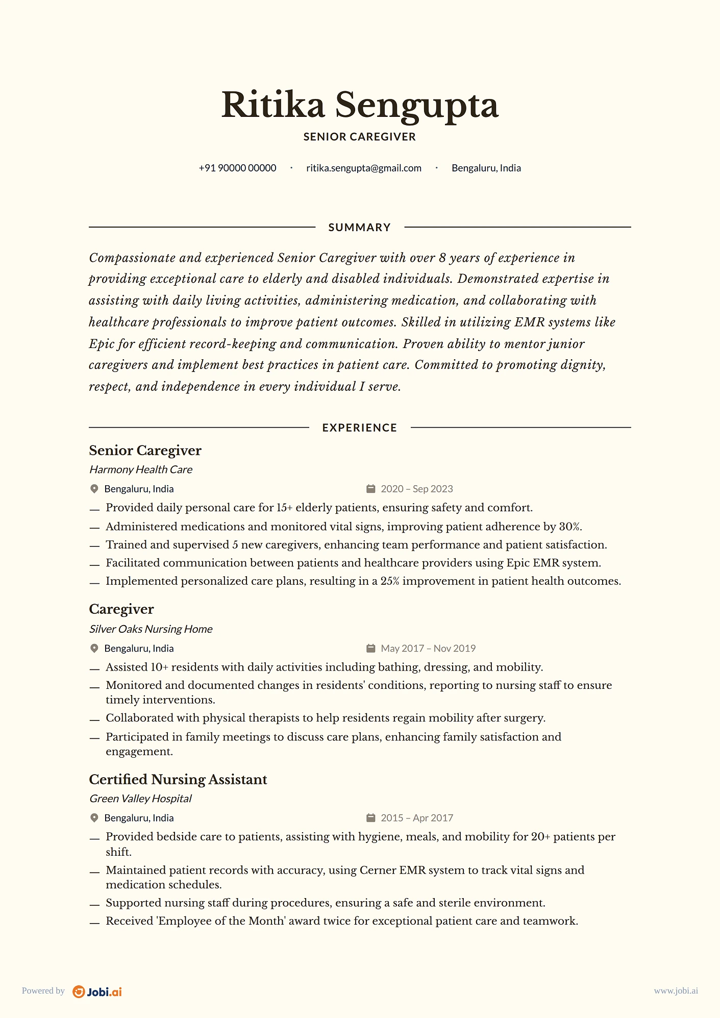 Caregiver resume example