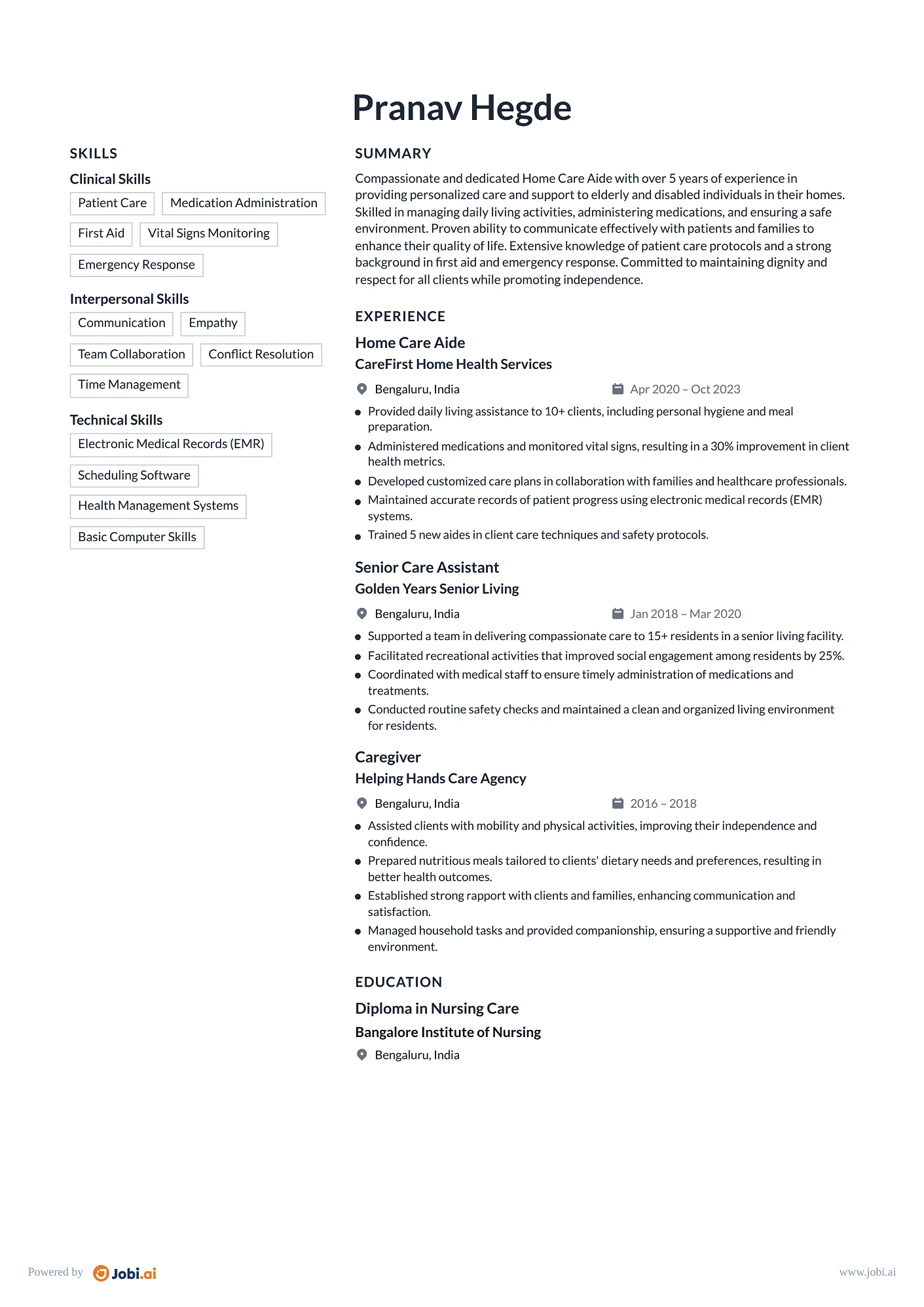 Caregiver resume example — Home Care Aide