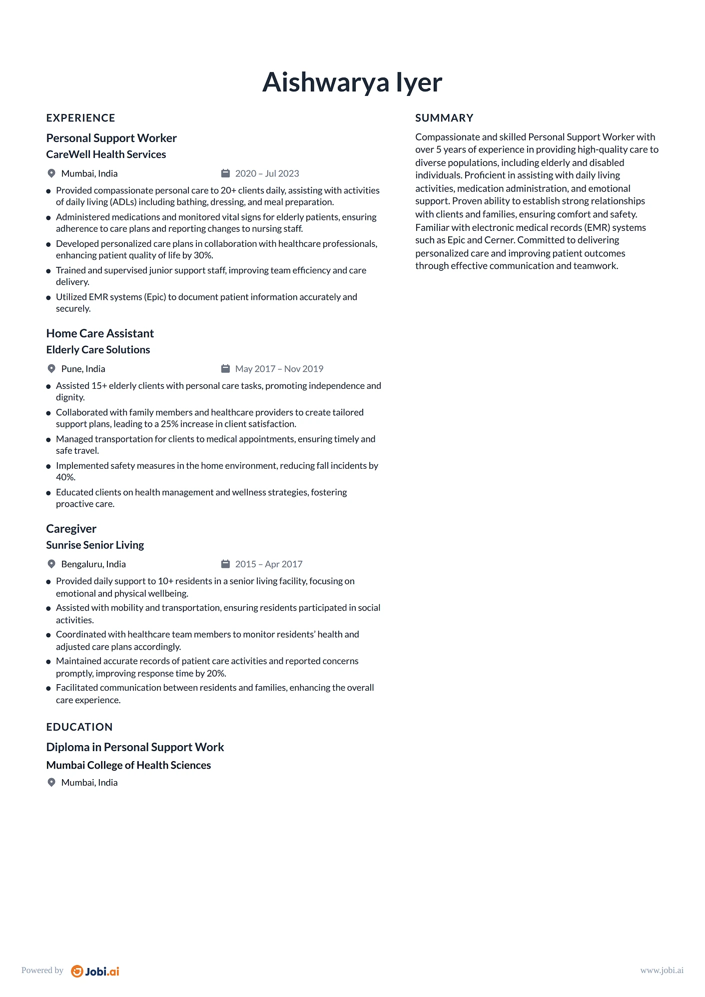 Caregiver resume example — Personal Support Worker