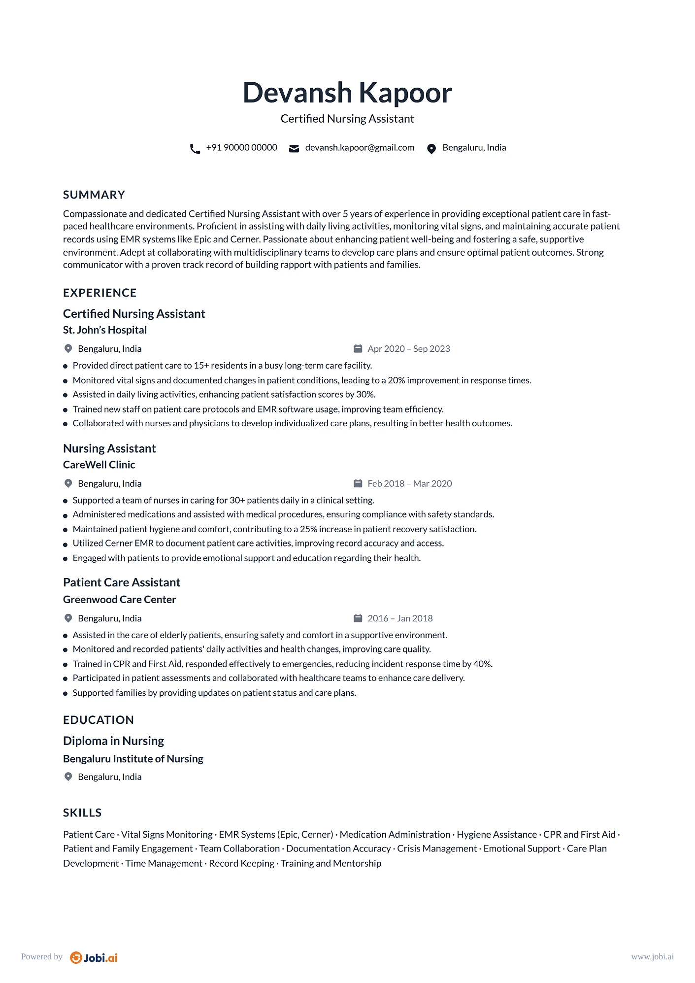 Caregiver resume example — Certified Nursing Assistant
