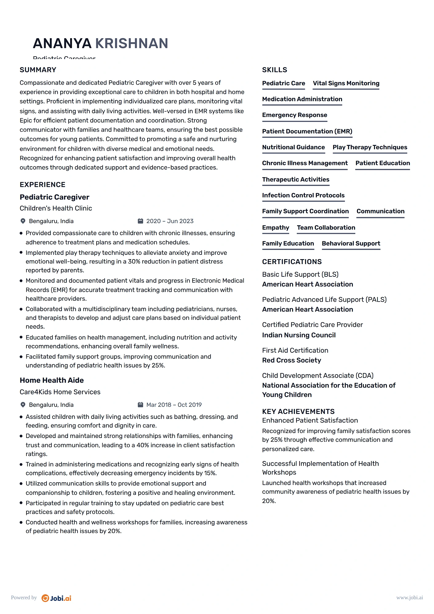Caregiver resume example — Pediatric Caregiver