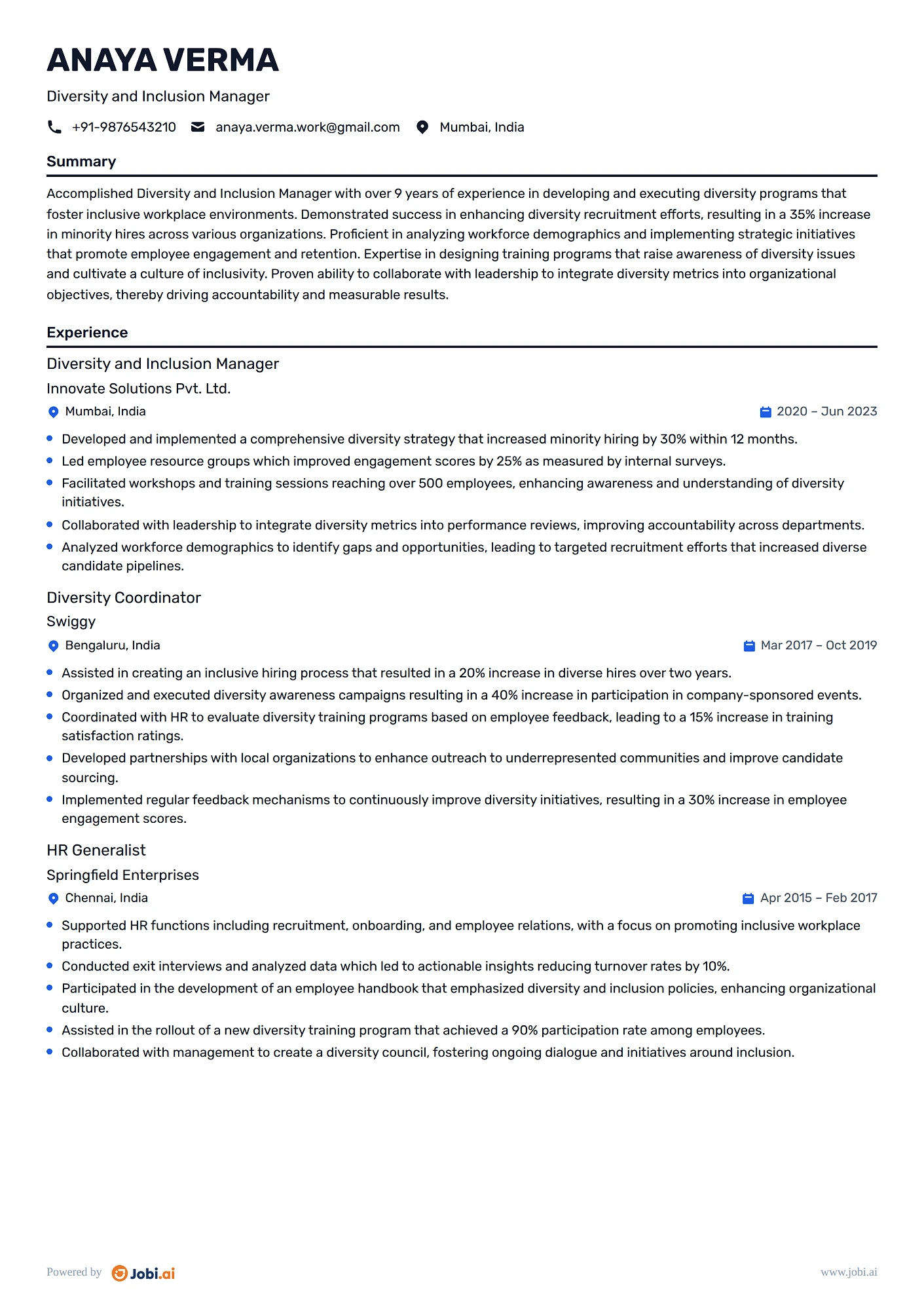 Diversity and Inclusion Manager resume example