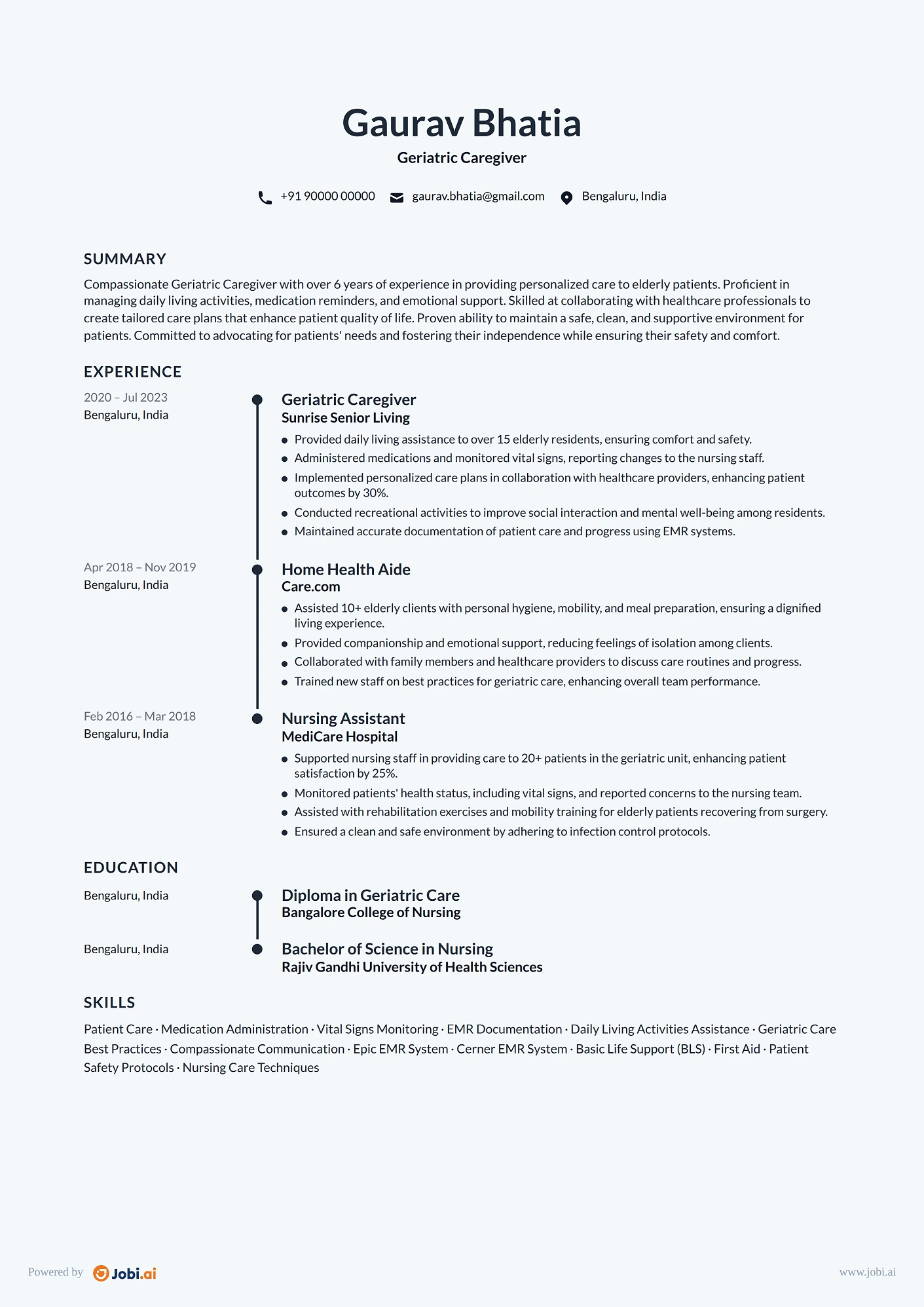 Caregiver resume example — Geriatric Caregiver