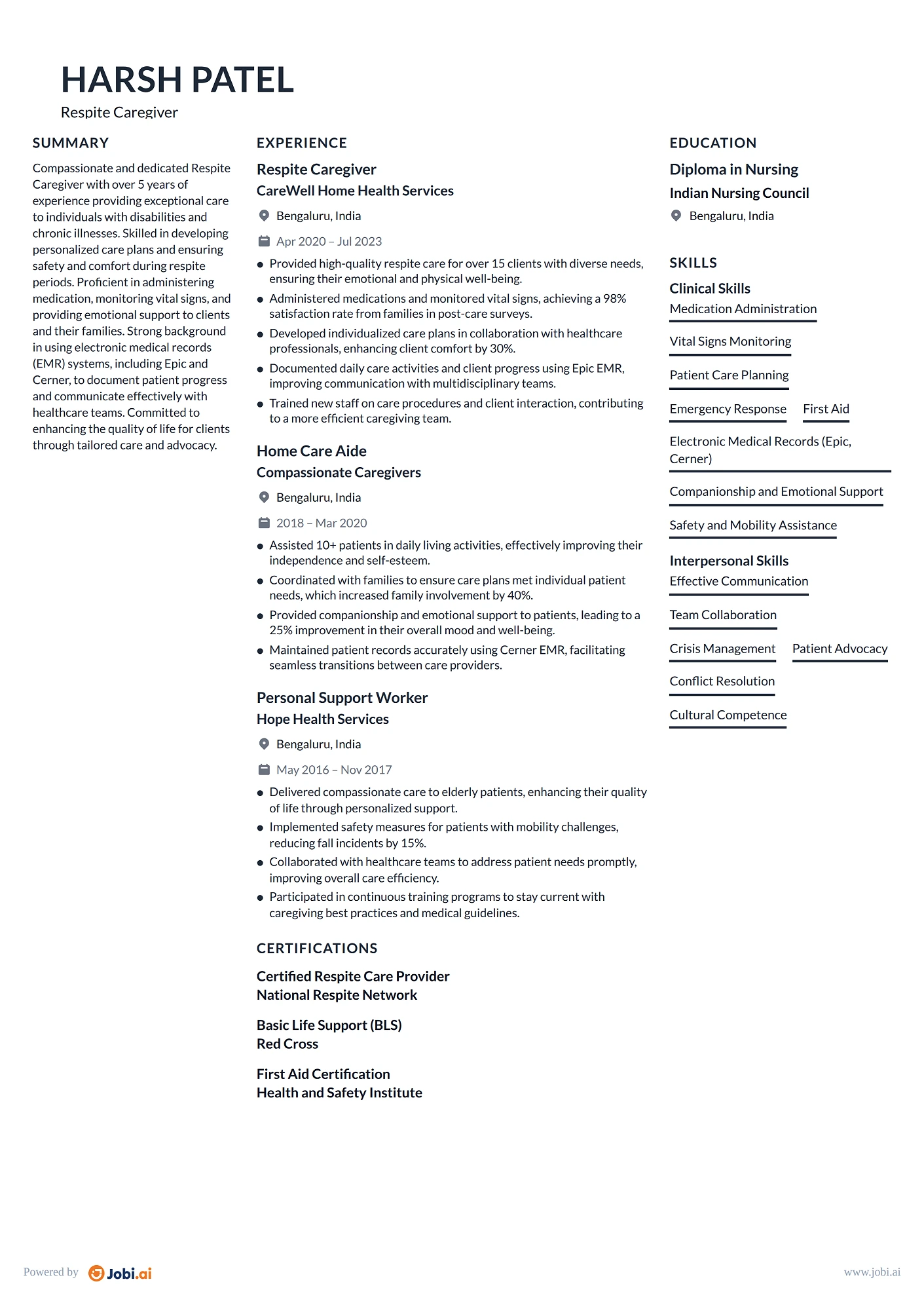Caregiver resume example — Respite Caregiver