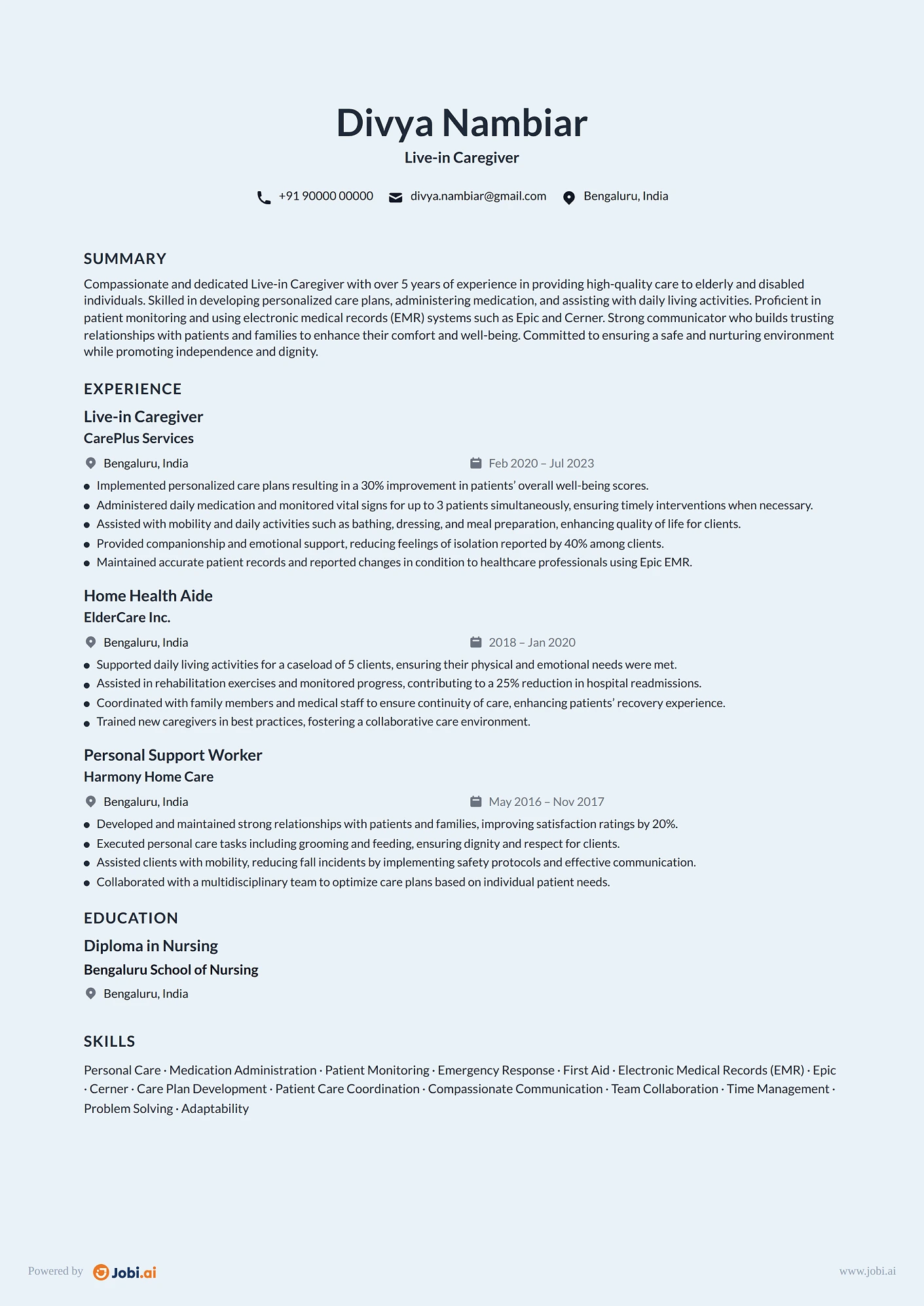 Caregiver resume example — Live-in Caregiver