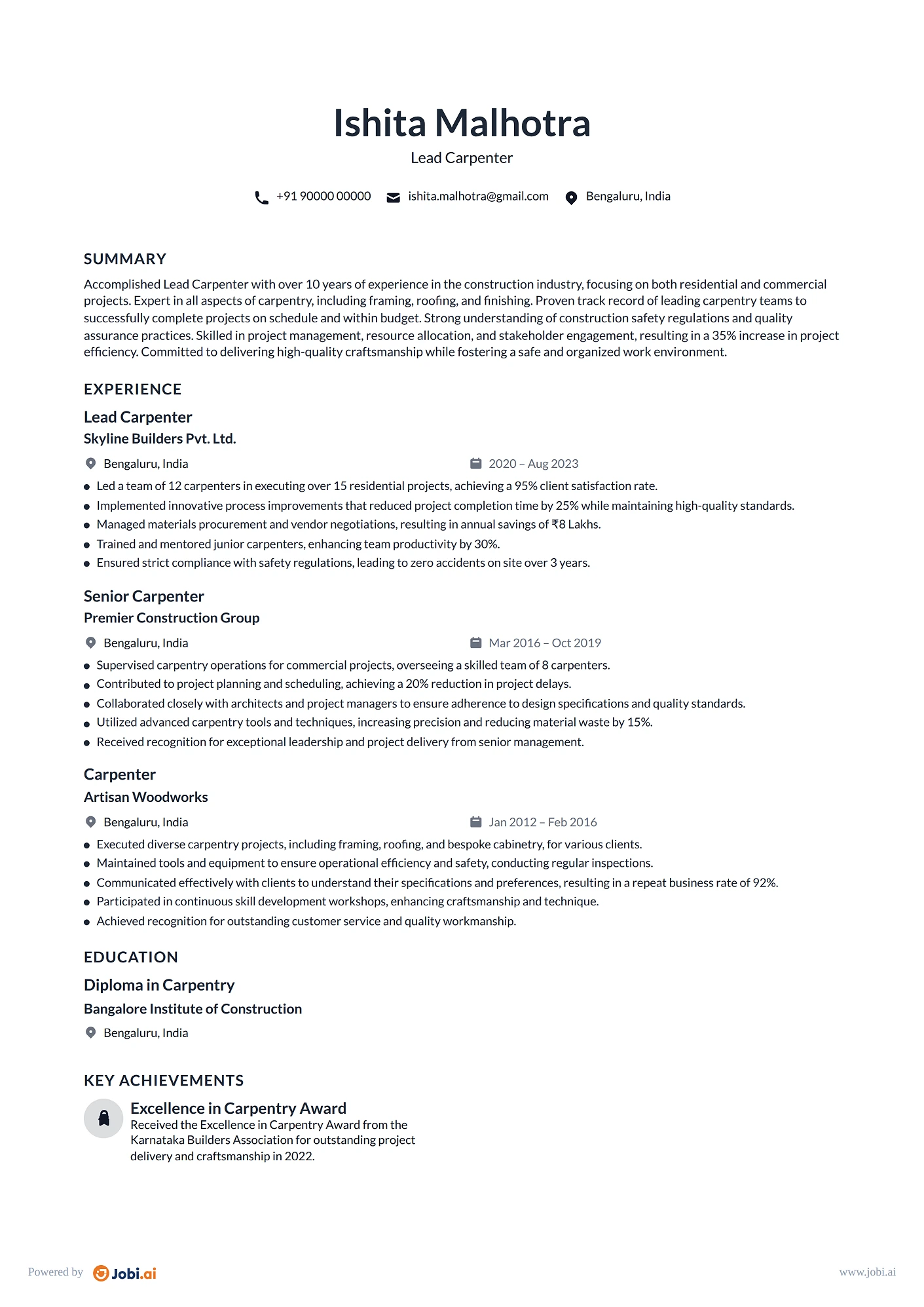 Carpenter resume example
