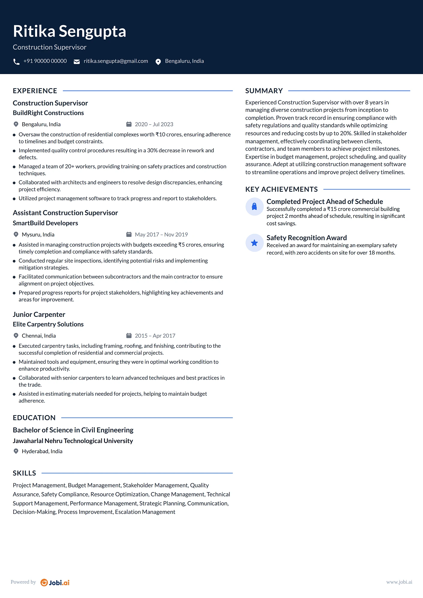 Carpenter resume example — Construction Supervisor