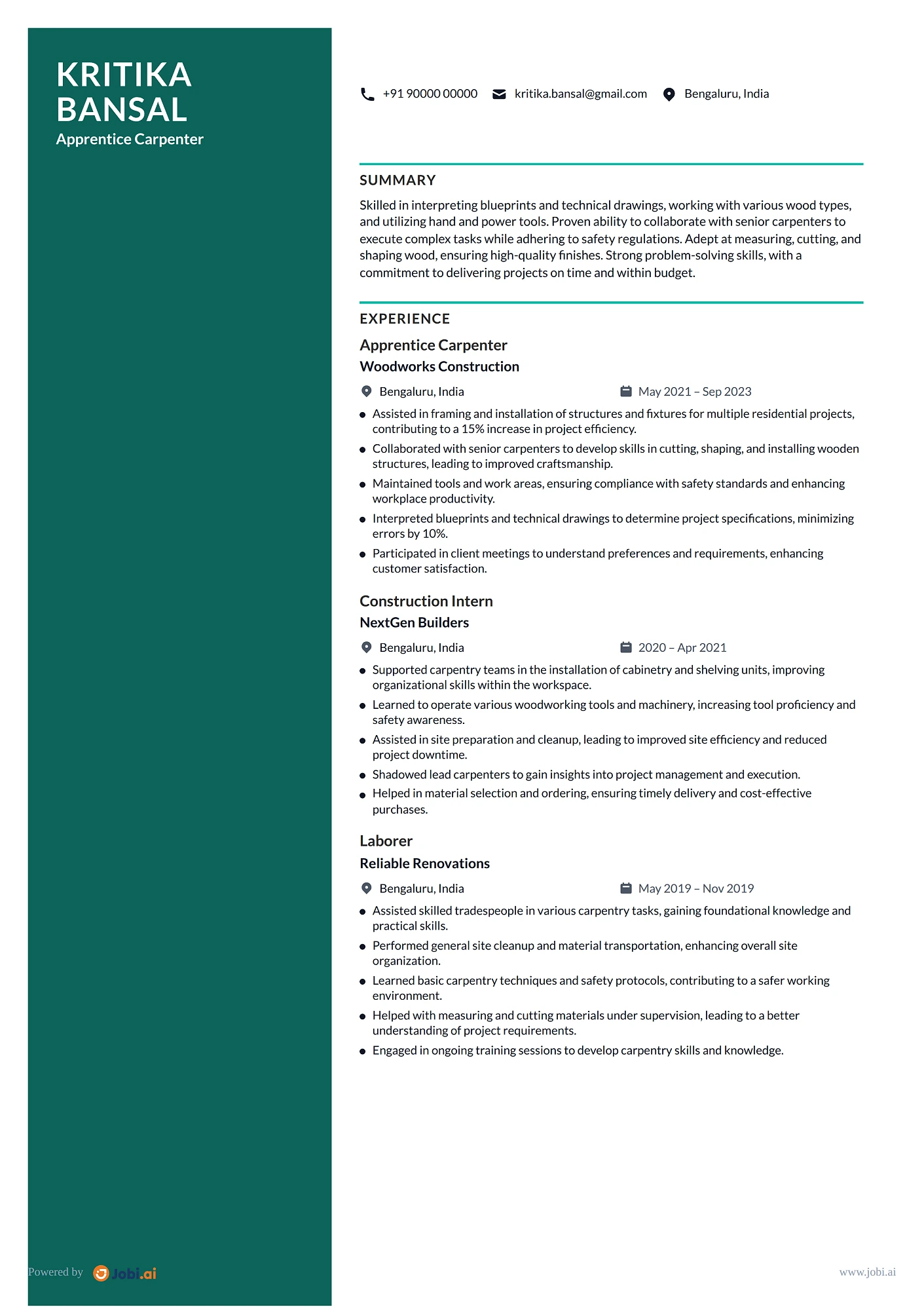Carpenter resume example — Apprentice Carpenter