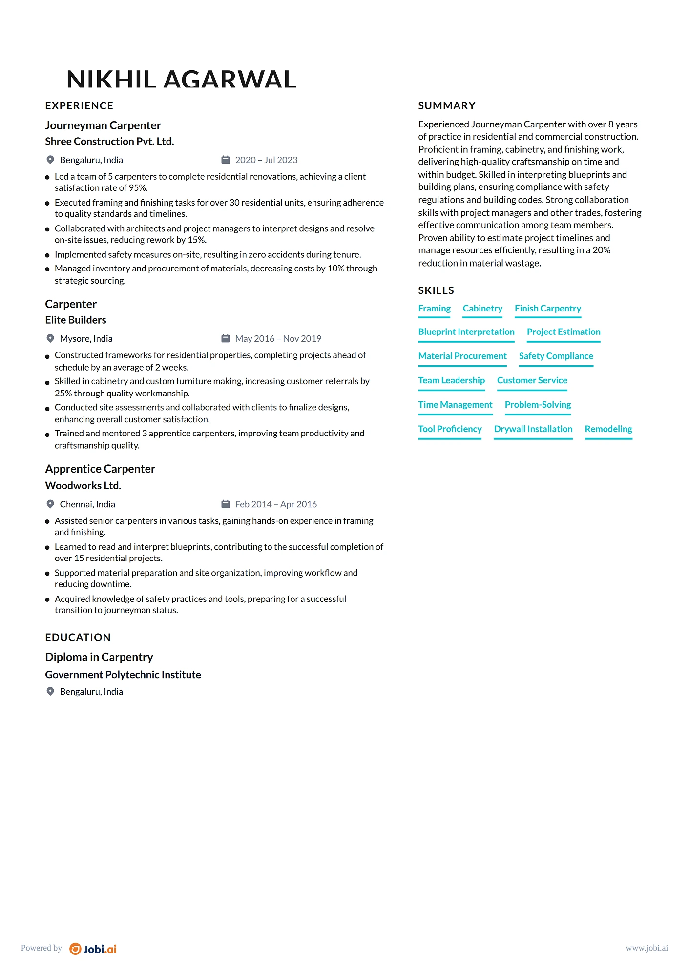 Carpenter resume example — Journeyman Carpenter