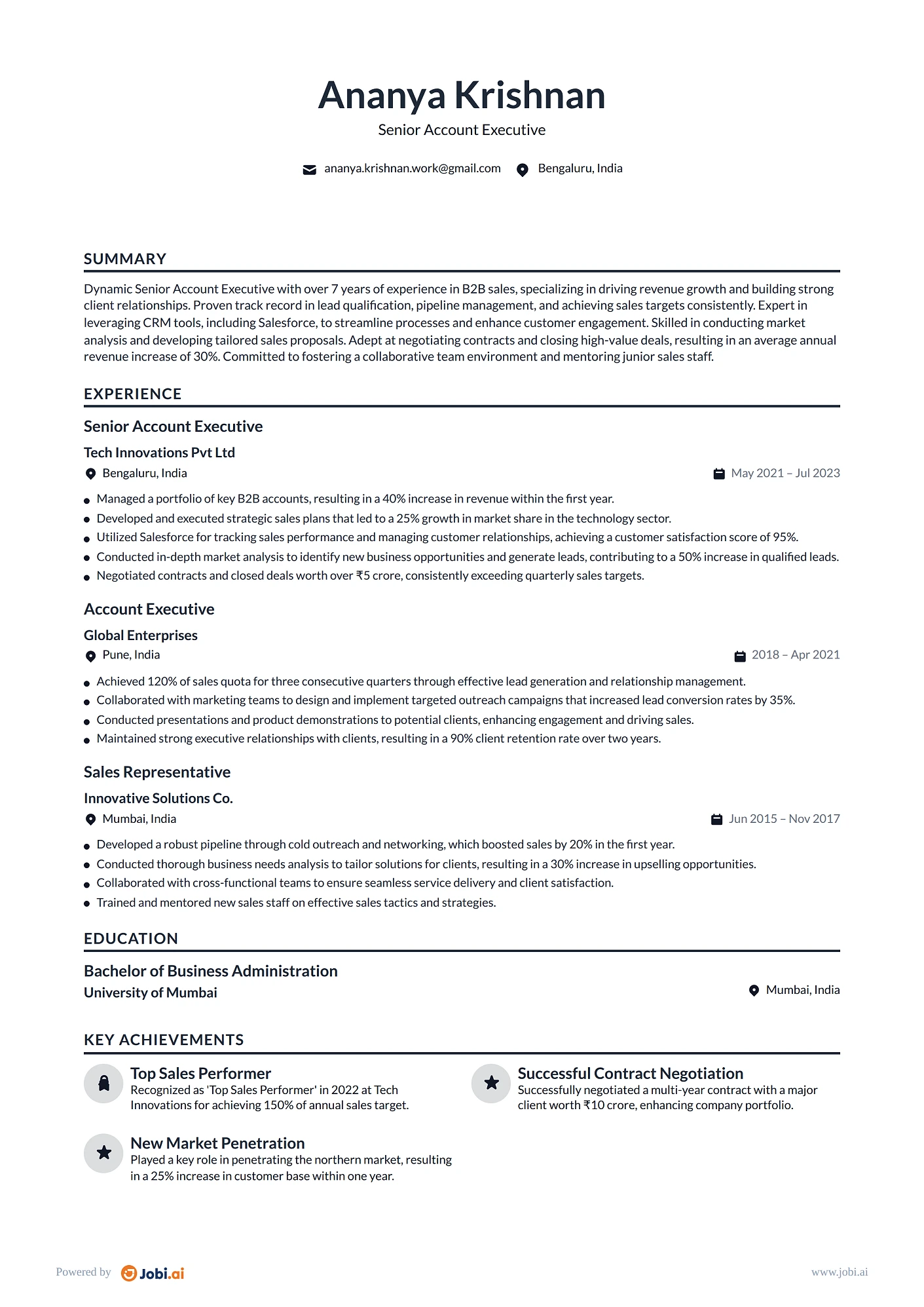 B2B Sales resume example