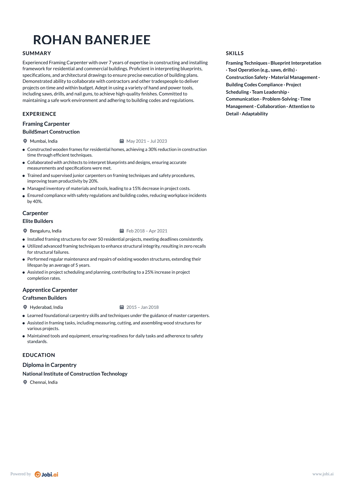 Carpenter resume example — Framing Carpenter