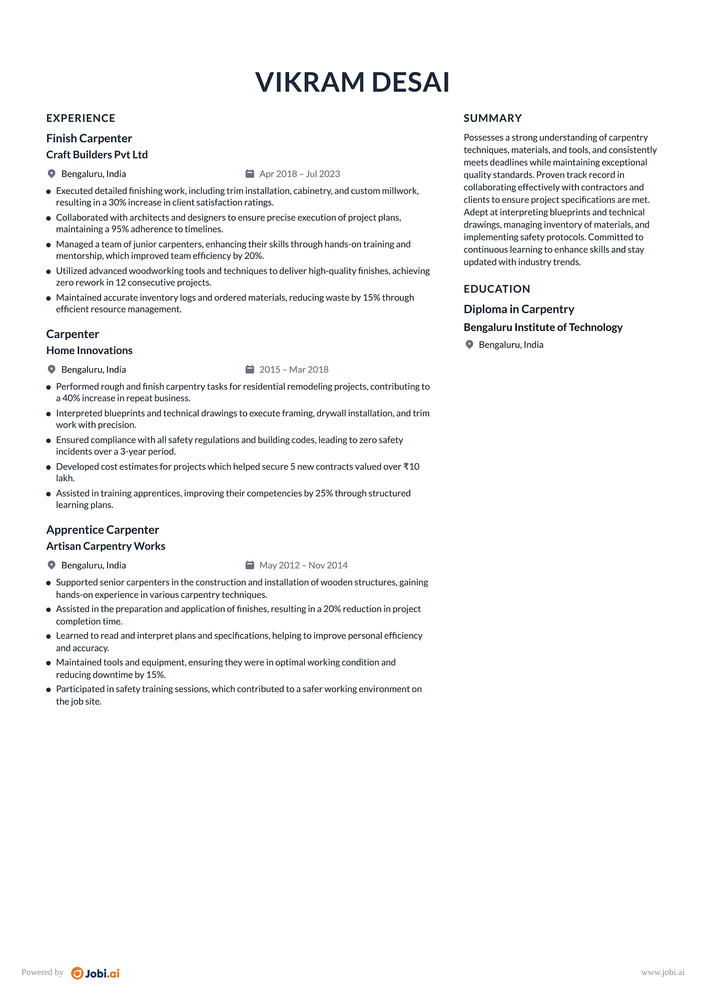 Carpenter resume example — Finish Carpenter