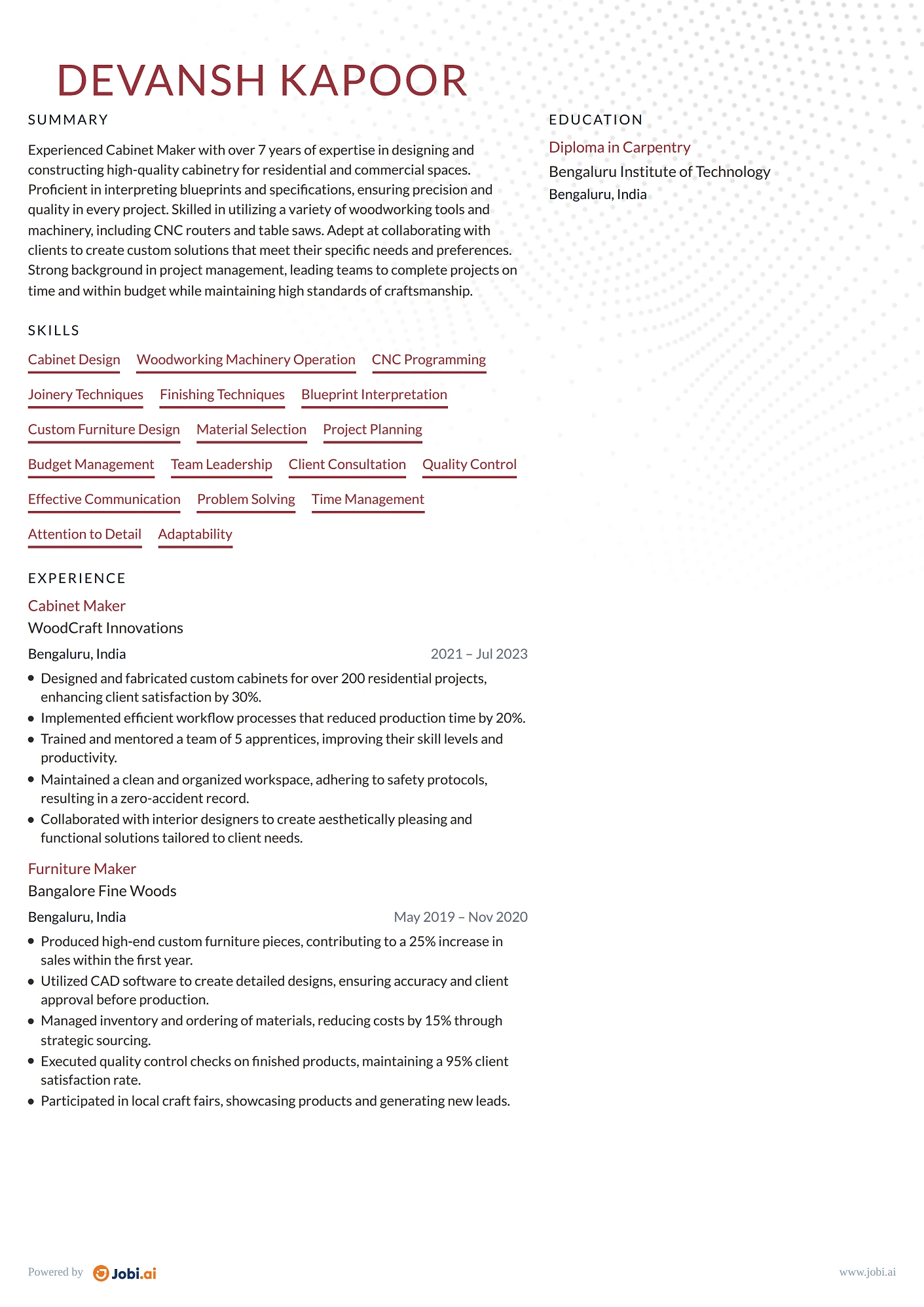 Carpenter resume example — Cabinet Maker