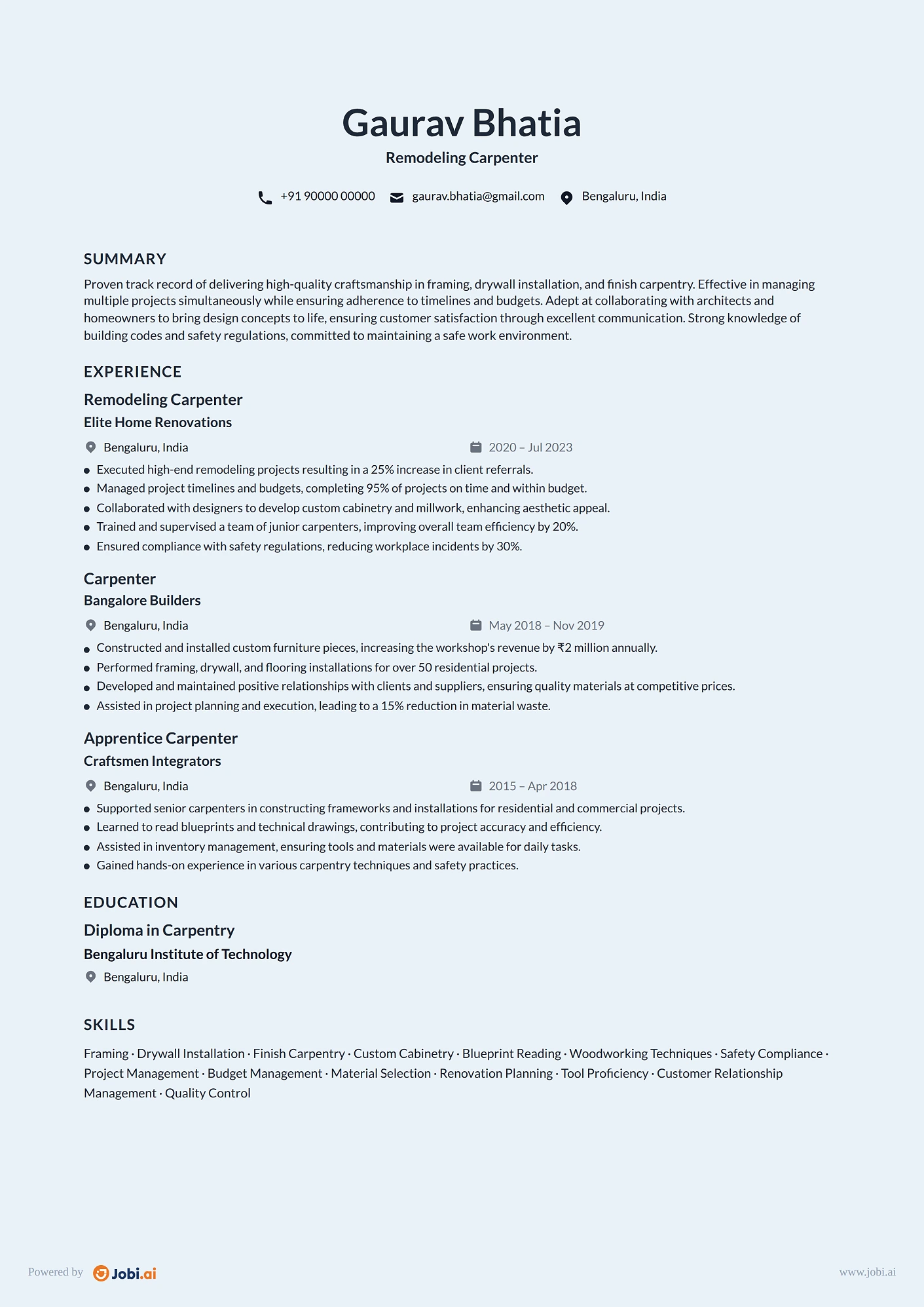 Carpenter resume example — Remodeling Carpenter