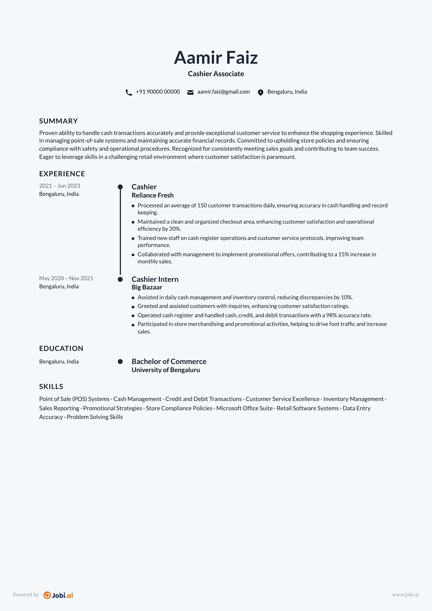 Cashier resume example