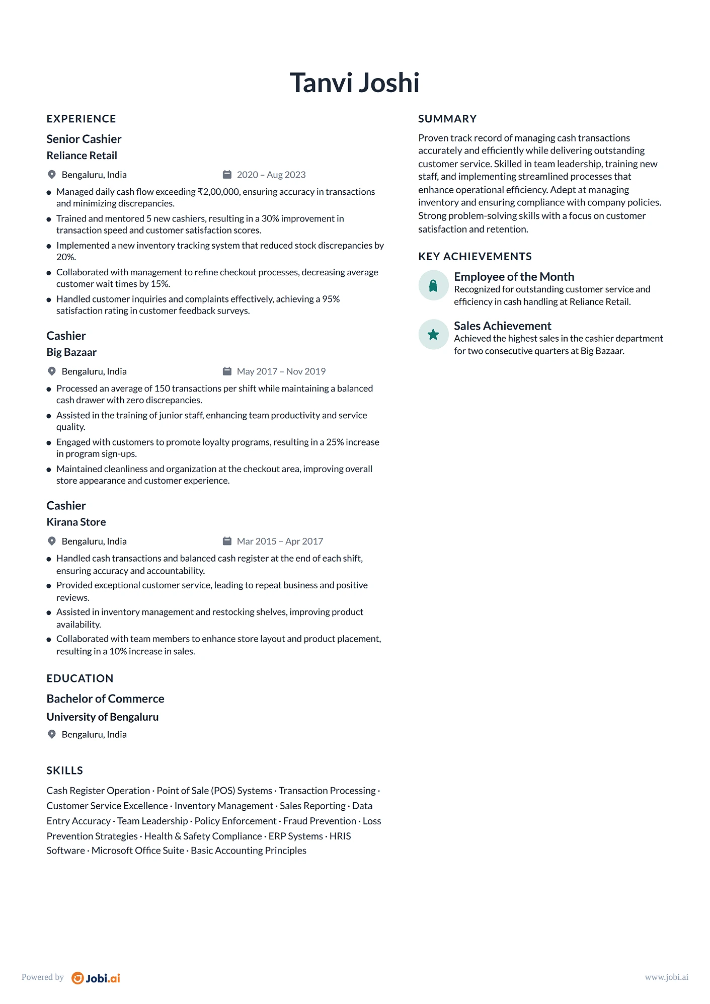 Cashier resume example — Senior Cashier
