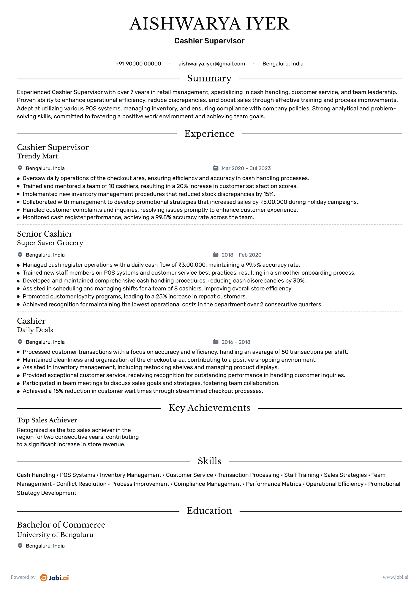 Cashier resume example — Cashier Supervisor