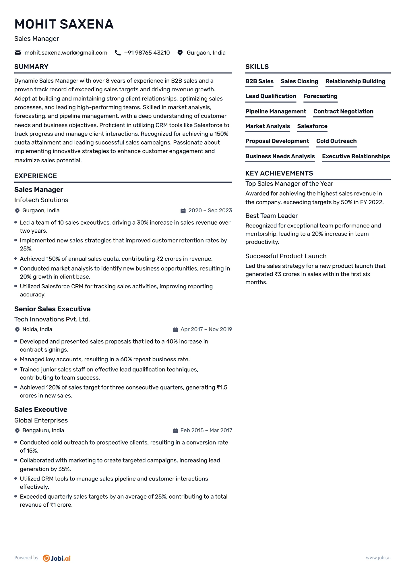 Sales Manager resume example
