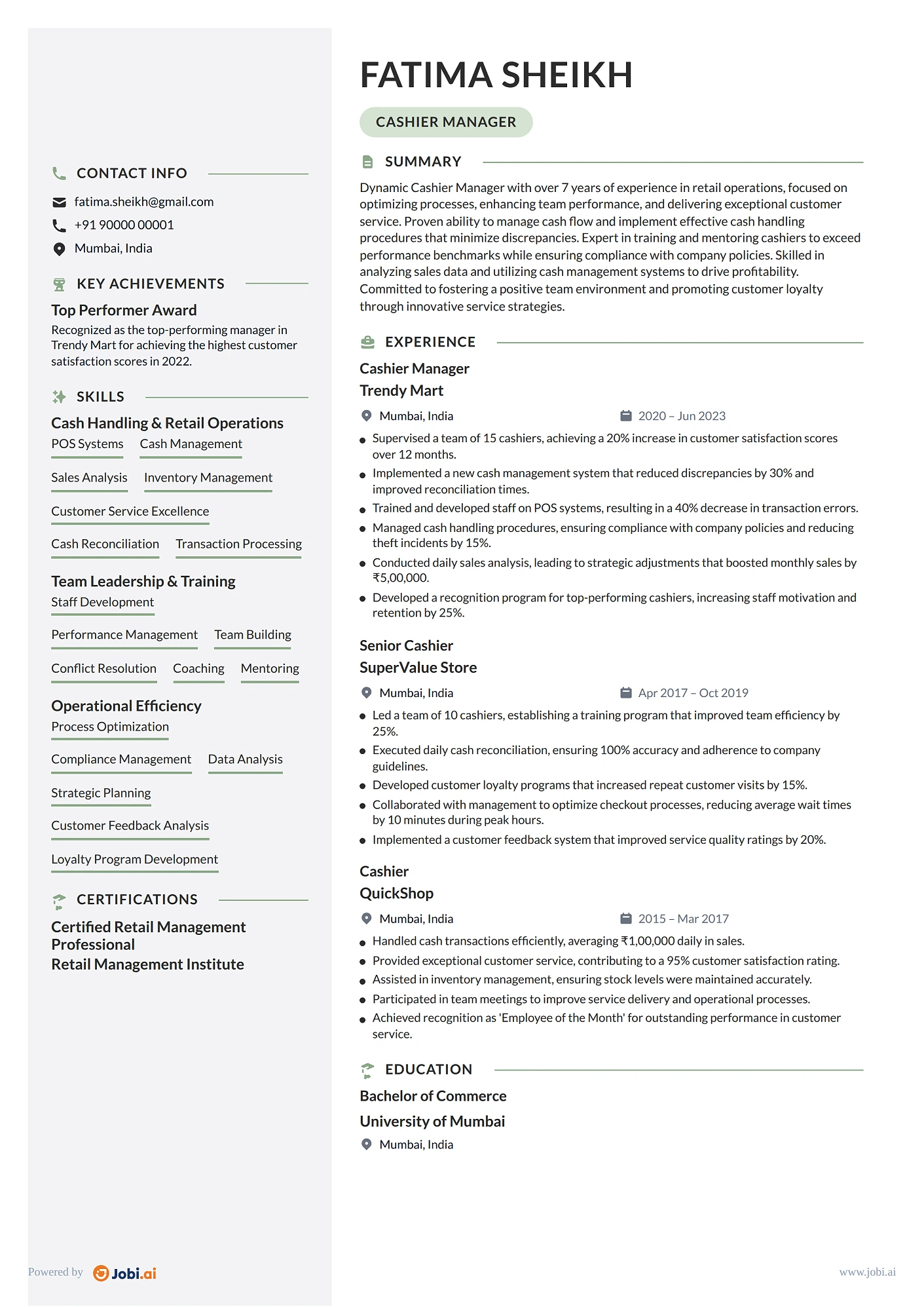 Cashier resume example — Cashier Manager