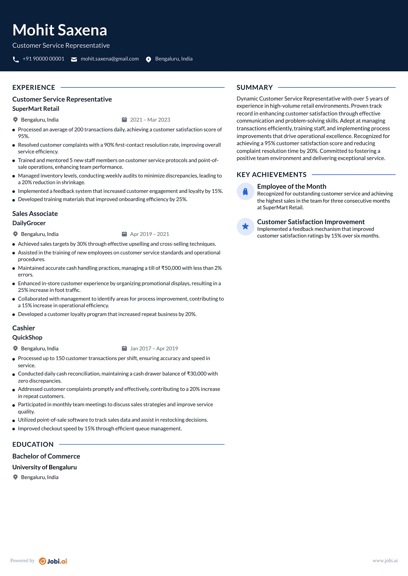 Cashier resume example — Customer Service Representative