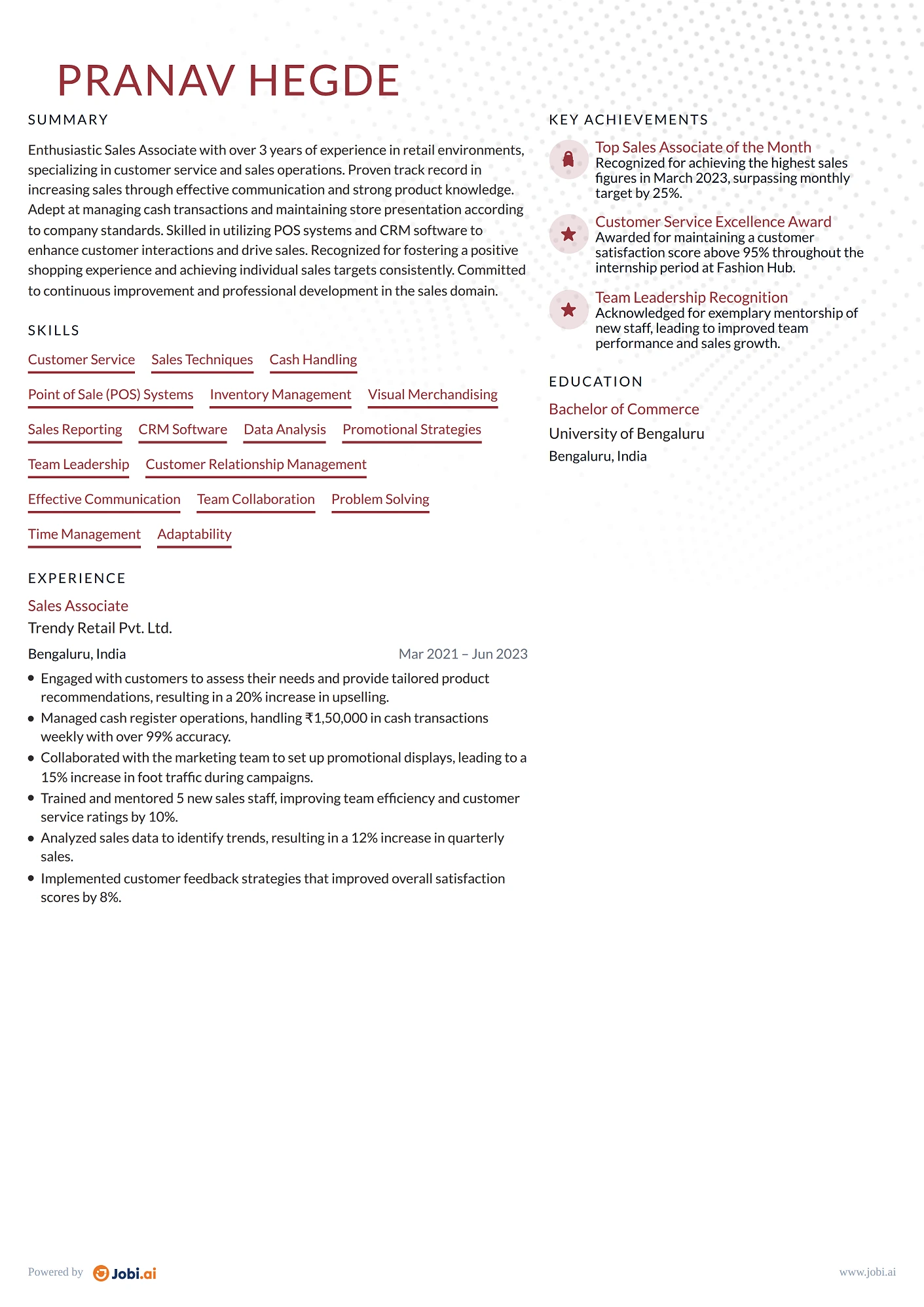 Cashier resume example — Sales Associate