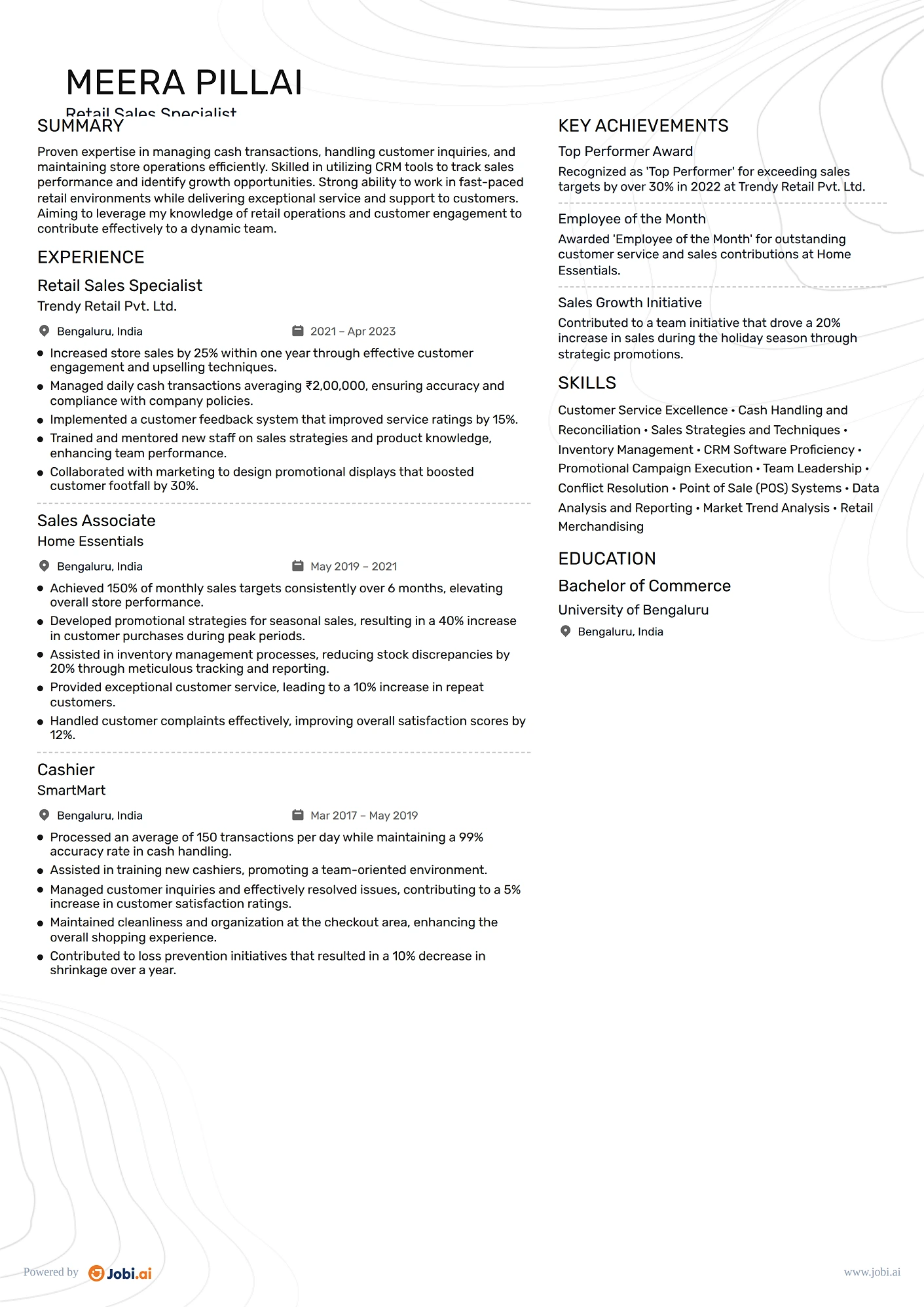 Cashier resume example — Retail Sales Specialist