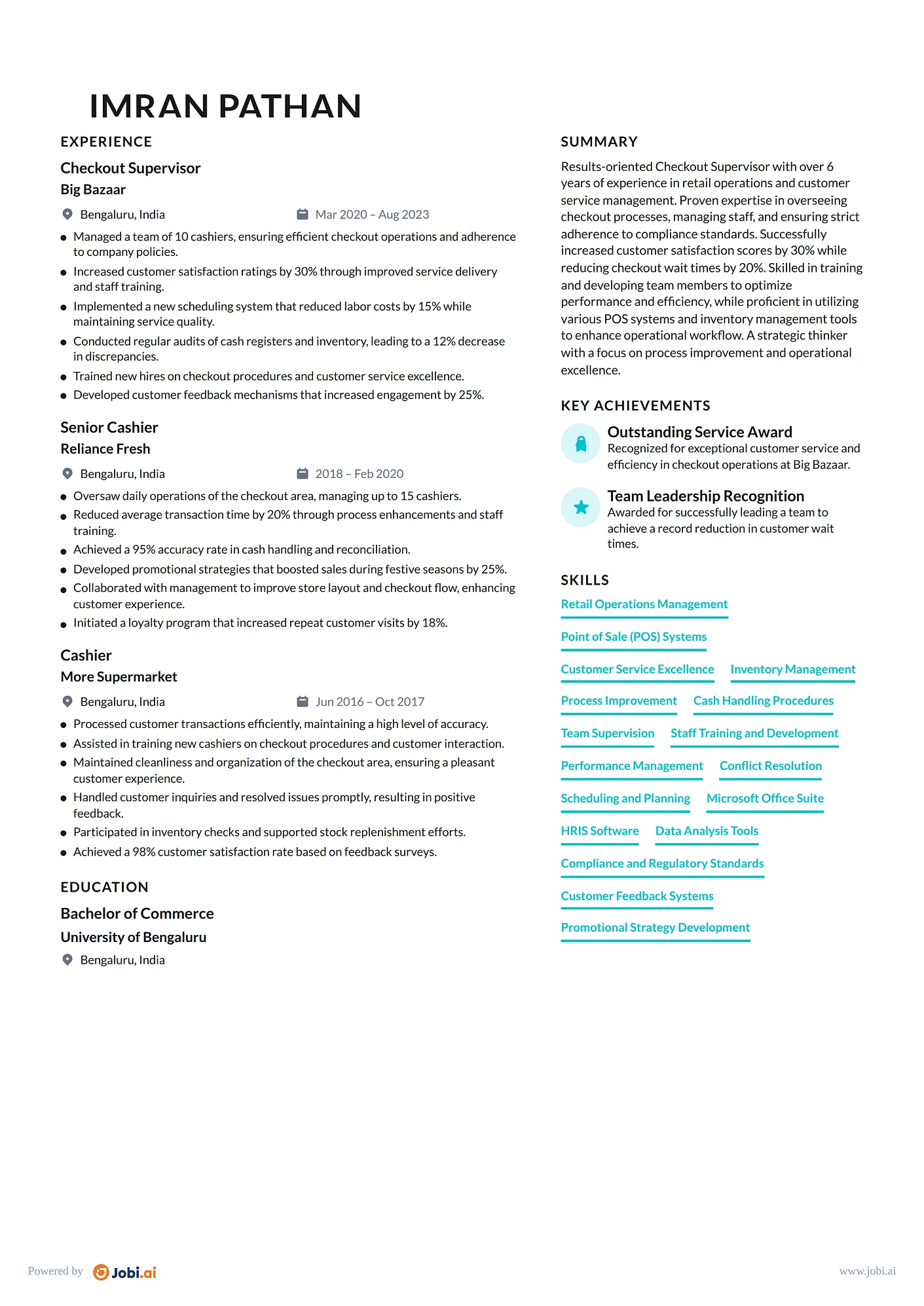 Cashier resume example — Checkout Supervisor