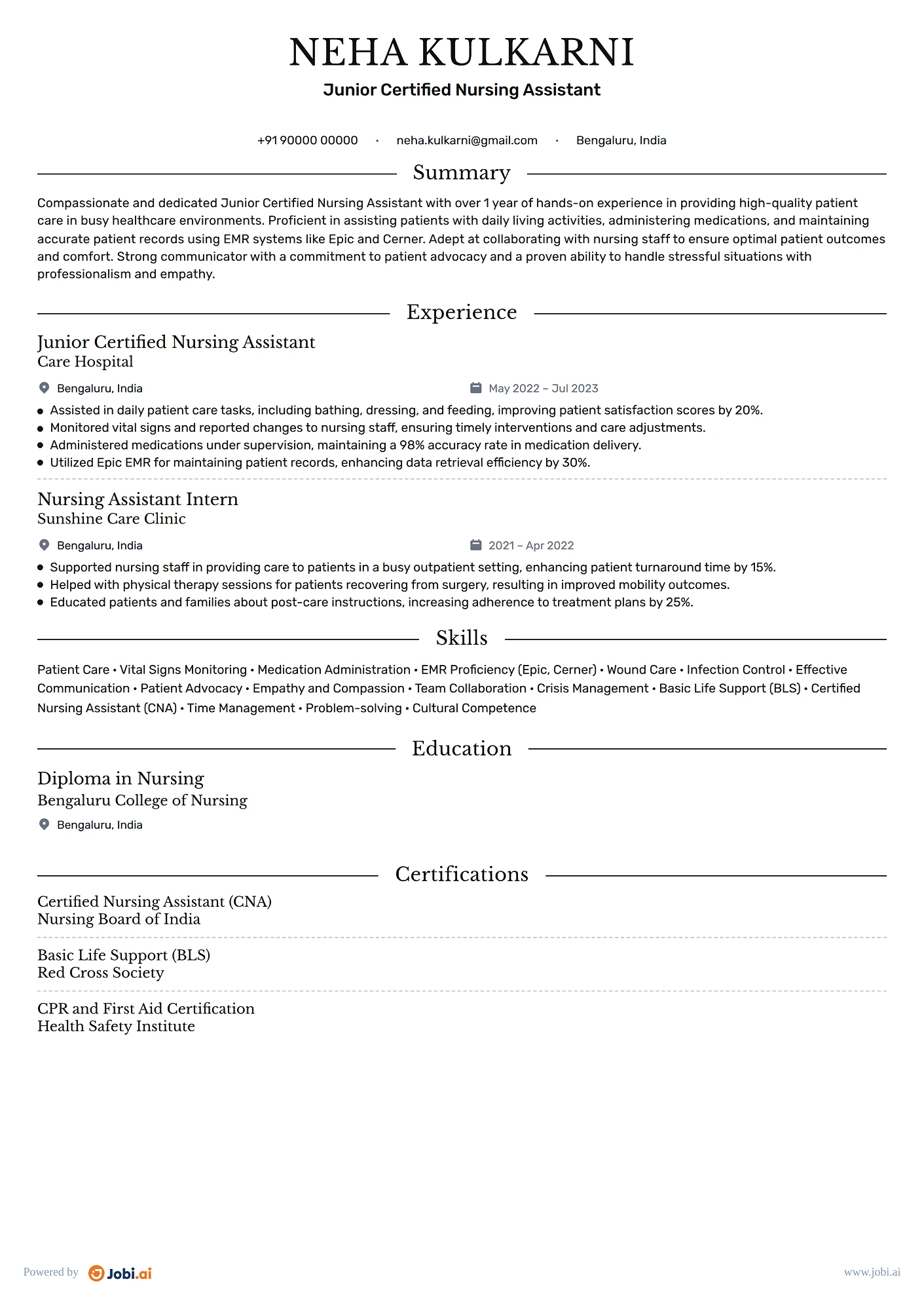 Certified Nursing Assistant resume example