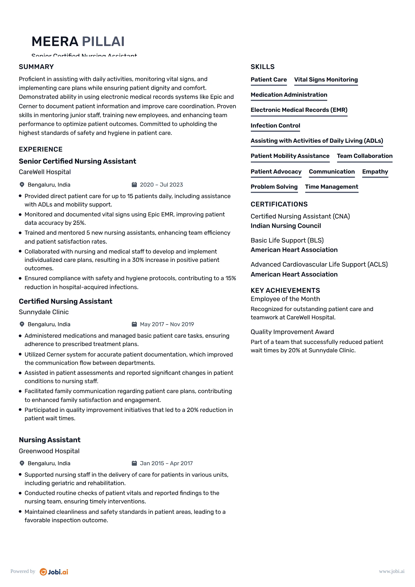Certified Nursing Assistant resume example — Senior Certified Nursing Assistant
