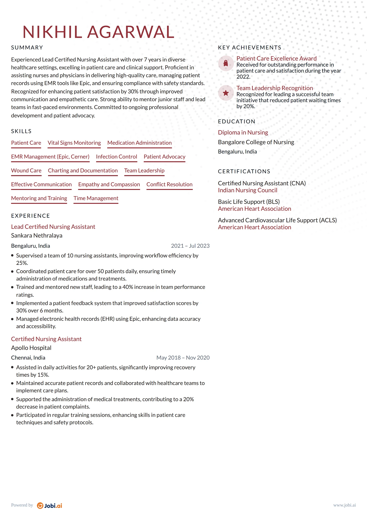Certified Nursing Assistant resume example — Lead Certified Nursing Assistant
