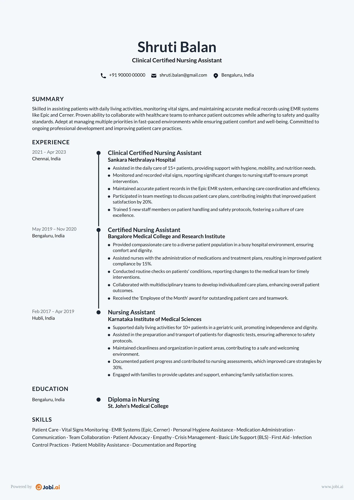 Certified Nursing Assistant resume example — Clinical Certified Nursing Assistant