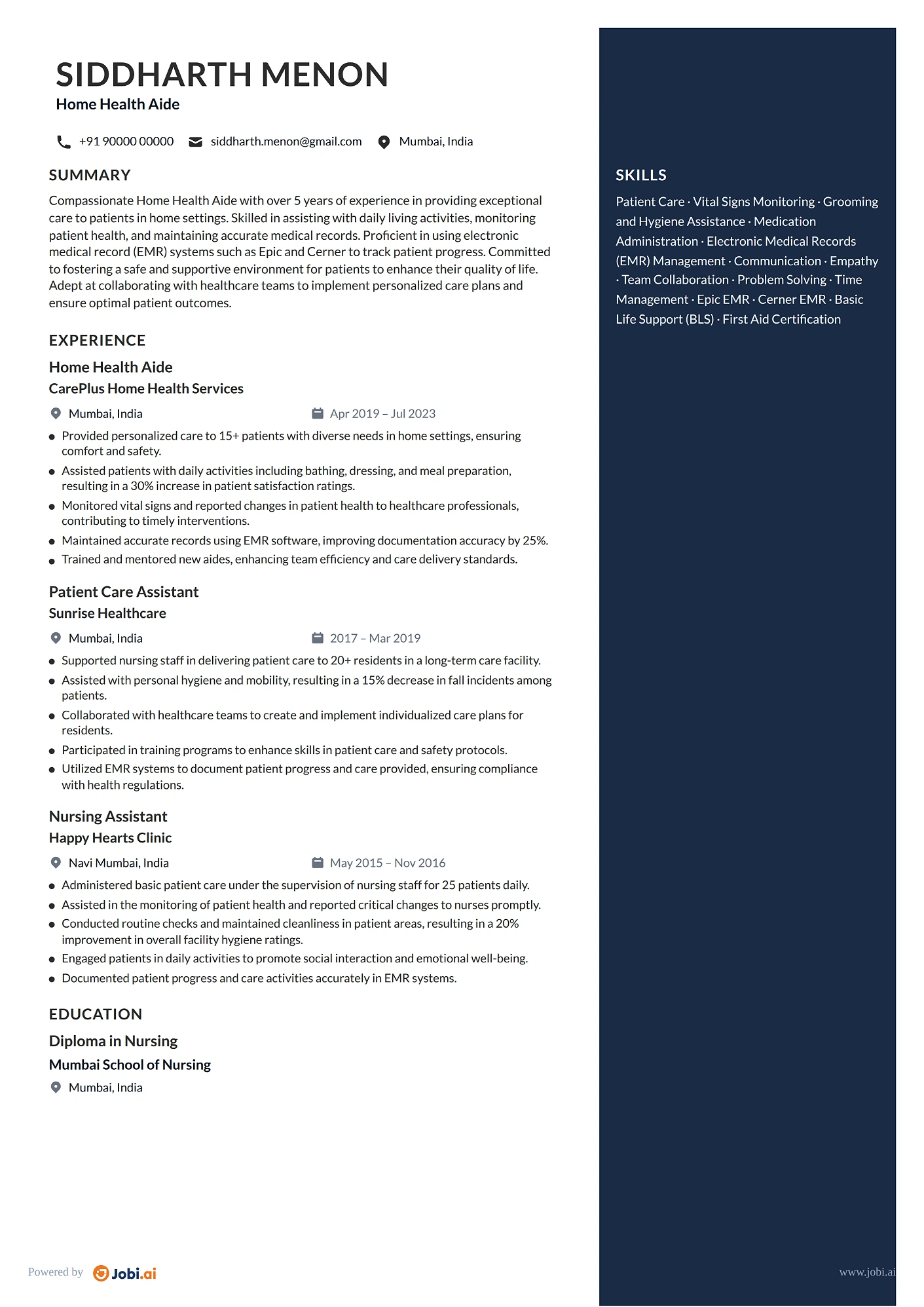 Certified Nursing Assistant resume example — Home Health Aide