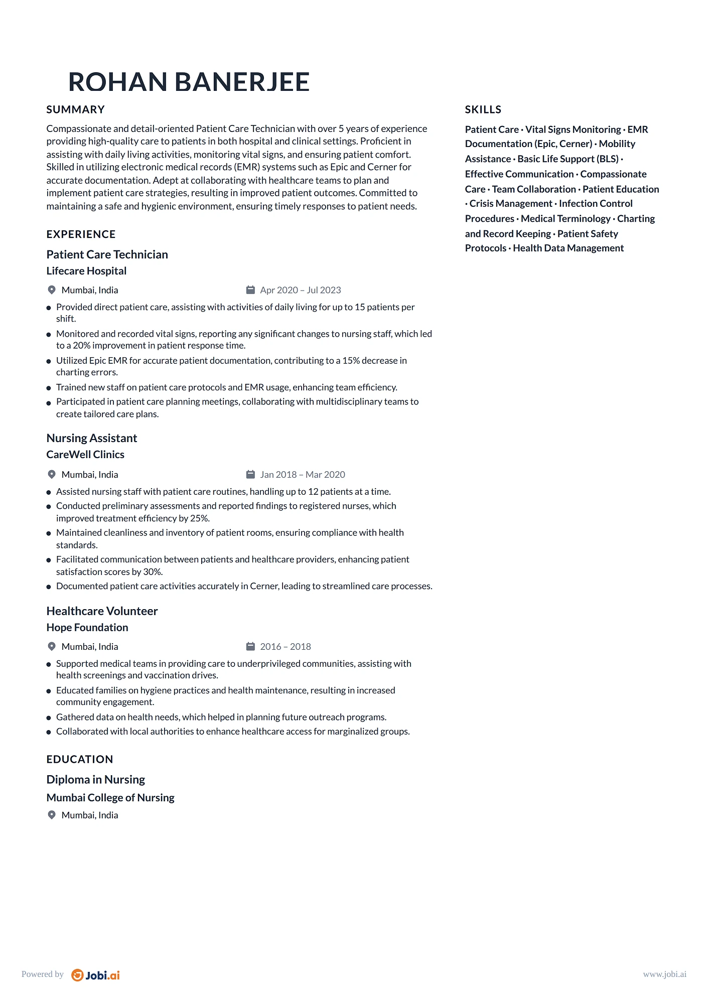 Certified Nursing Assistant resume example — Patient Care Technician