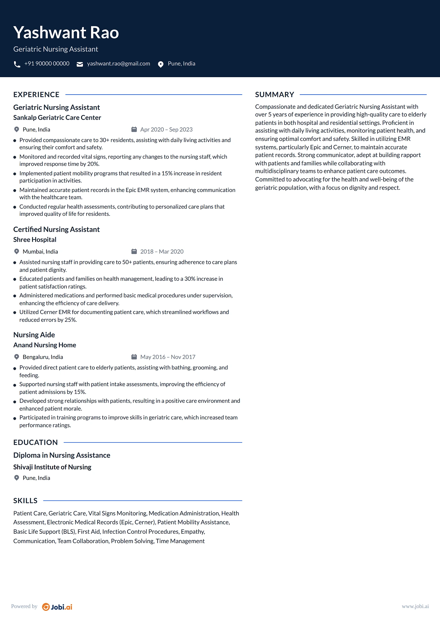 Certified Nursing Assistant resume example — Geriatric Nursing Assistant