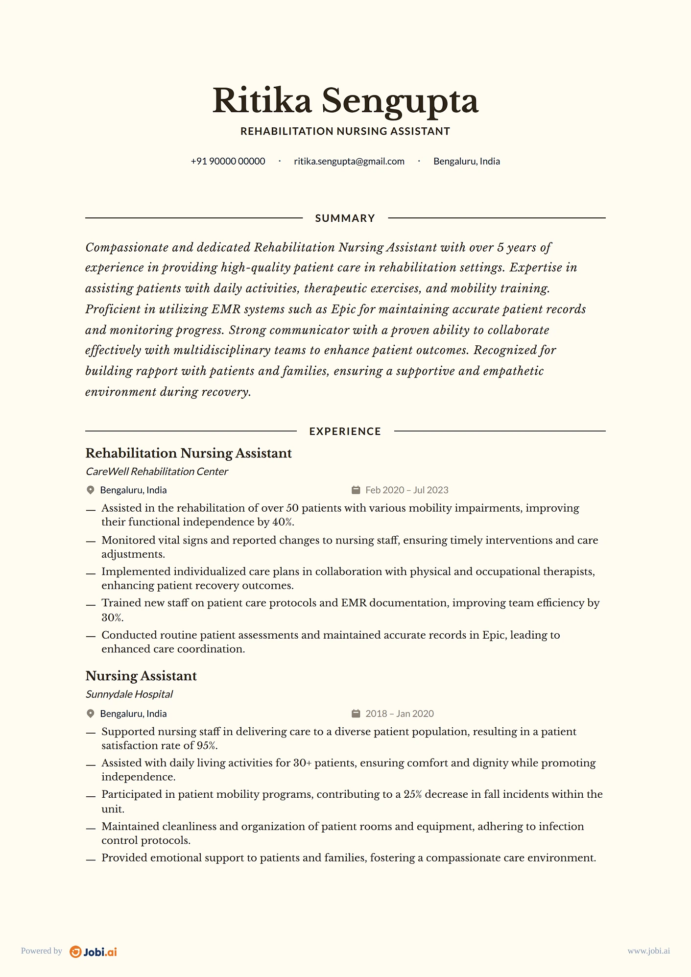 Certified Nursing Assistant resume example — Rehabilitation Nursing Assistant
