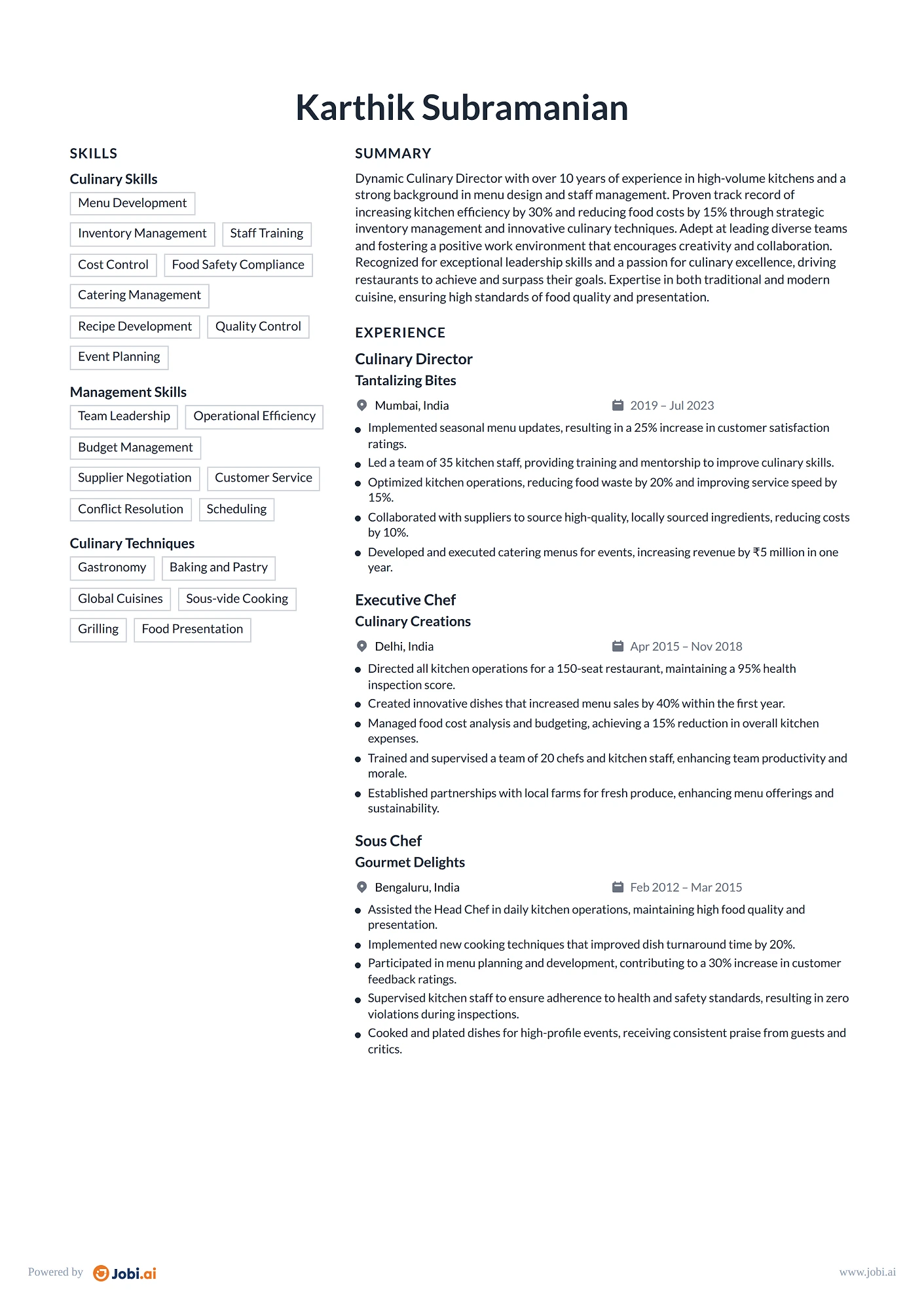 Chef resume example — Culinary Director