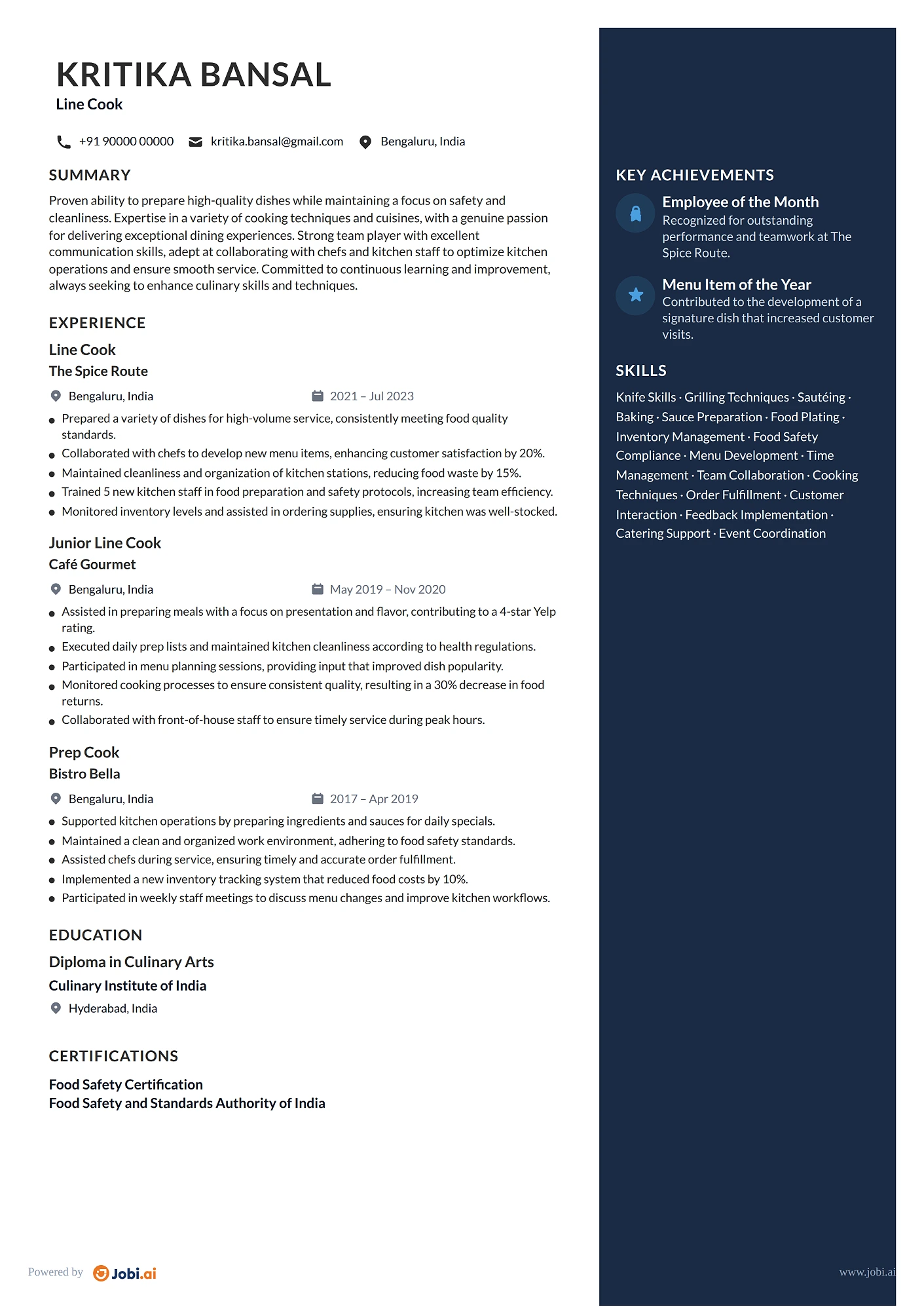 Chef resume example — Line Cook