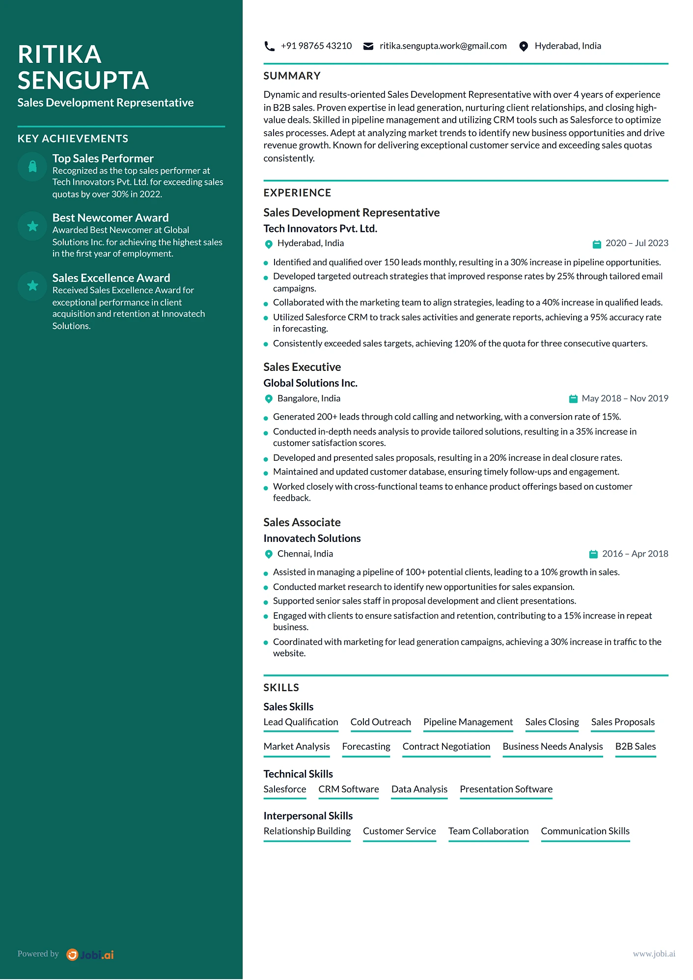Sales Development Representative resume example