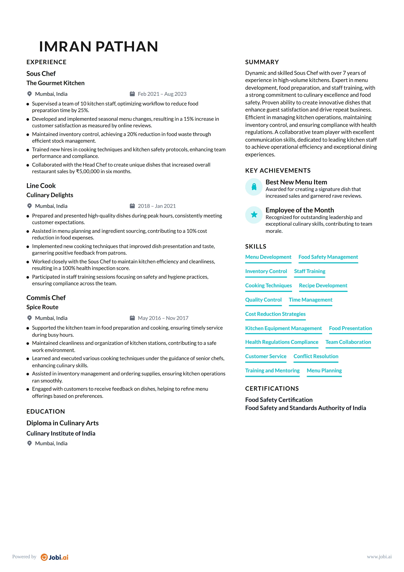 Chef resume example — Sous Chef