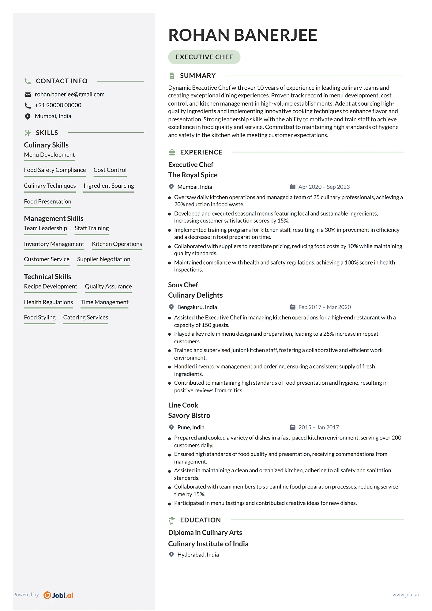 Chef resume example — Executive Chef