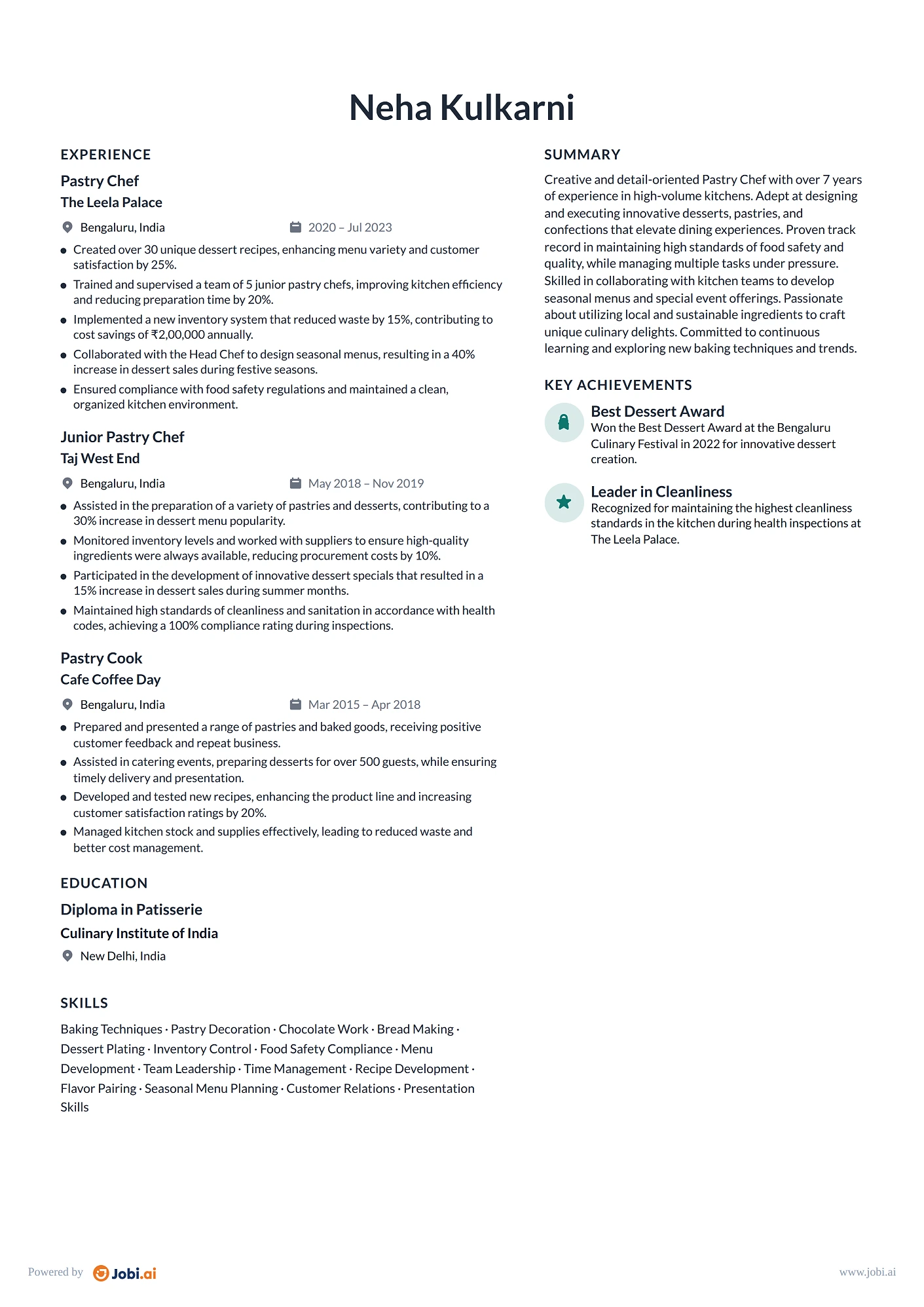 Chef resume example — Pastry Chef