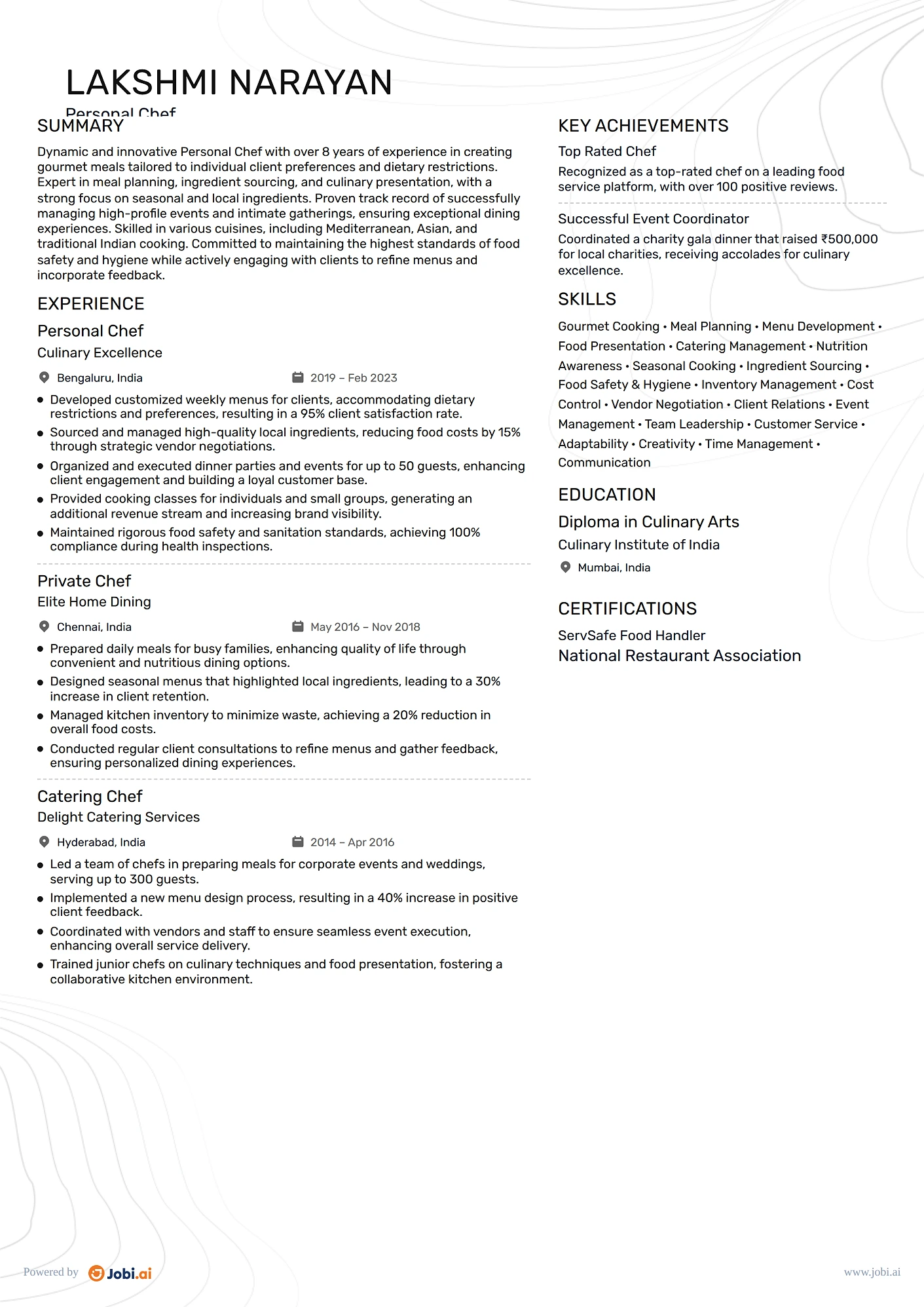Chef resume example — Personal Chef