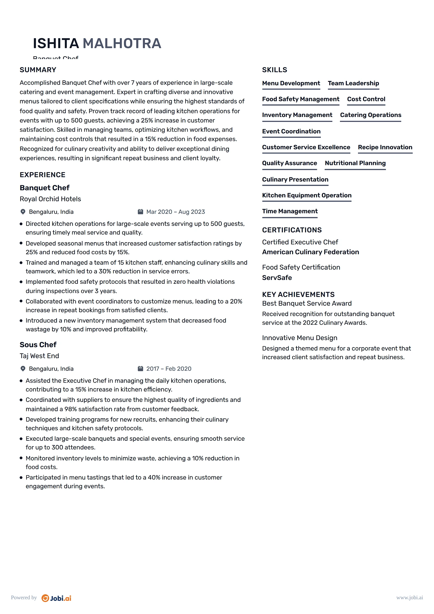 Chef resume example — Banquet Chef